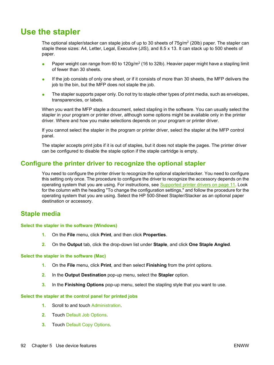 Use the stapler, Staple media | HP LaserJet M4349 Multifunction Printer series User Manual | Page 106 / 282