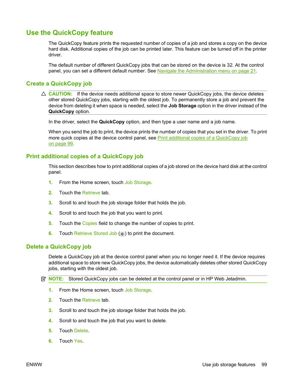 Use the quickcopy feature, Create a quickcopy job, Print additional copies of a quickcopy job | Delete a quickcopy job | HP LaserJet M4349 Multifunction Printer series User Manual | Page 113 / 282