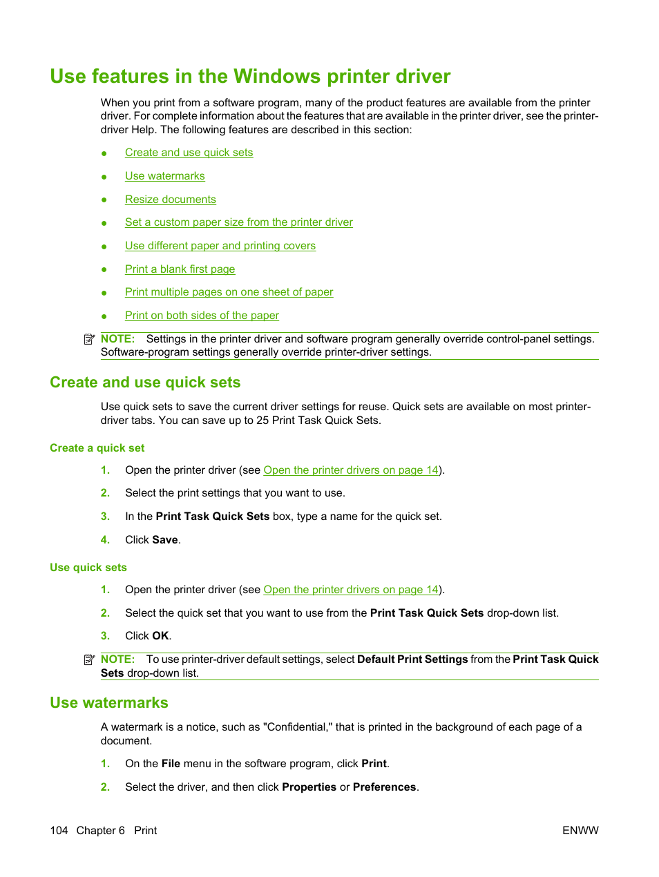 Use features in the windows printer driver, Create and use quick sets, Use watermarks | Create and use quick sets use watermarks | HP LaserJet M4349 Multifunction Printer series User Manual | Page 118 / 282