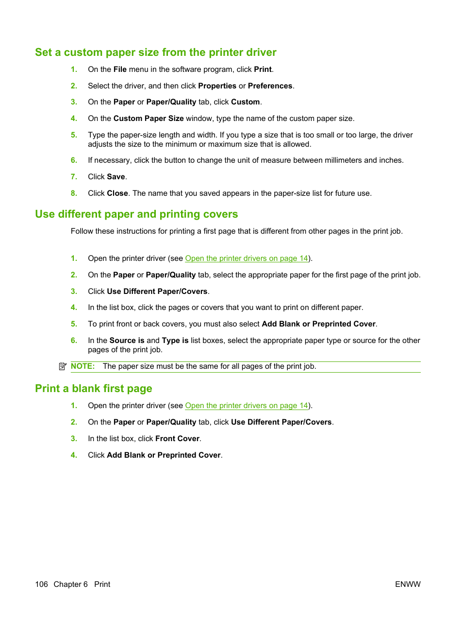 Set a custom paper size from the printer driver, Use different paper and printing covers, Print a blank first page | HP LaserJet M4349 Multifunction Printer series User Manual | Page 120 / 282
