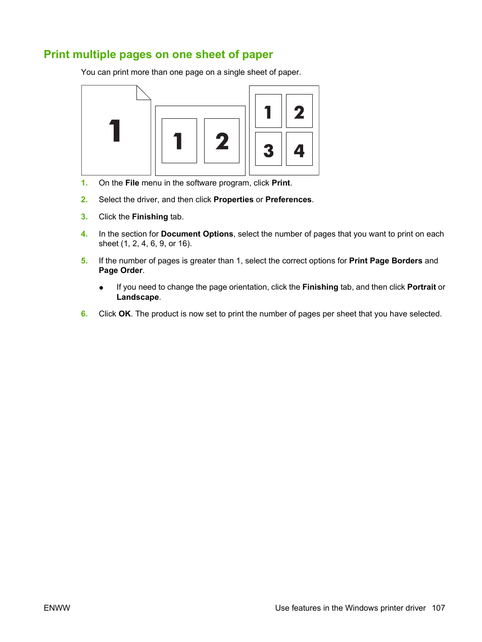 Print multiple pages on one sheet of paper | HP LaserJet M4349 Multifunction Printer series User Manual | Page 121 / 282