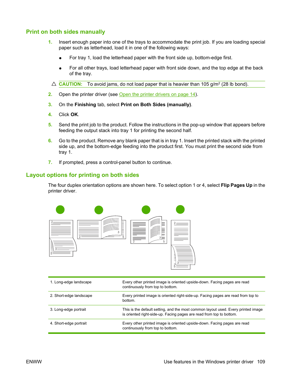 Print on both sides manually, Layout options for printing on both sides | HP LaserJet M4349 Multifunction Printer series User Manual | Page 123 / 282