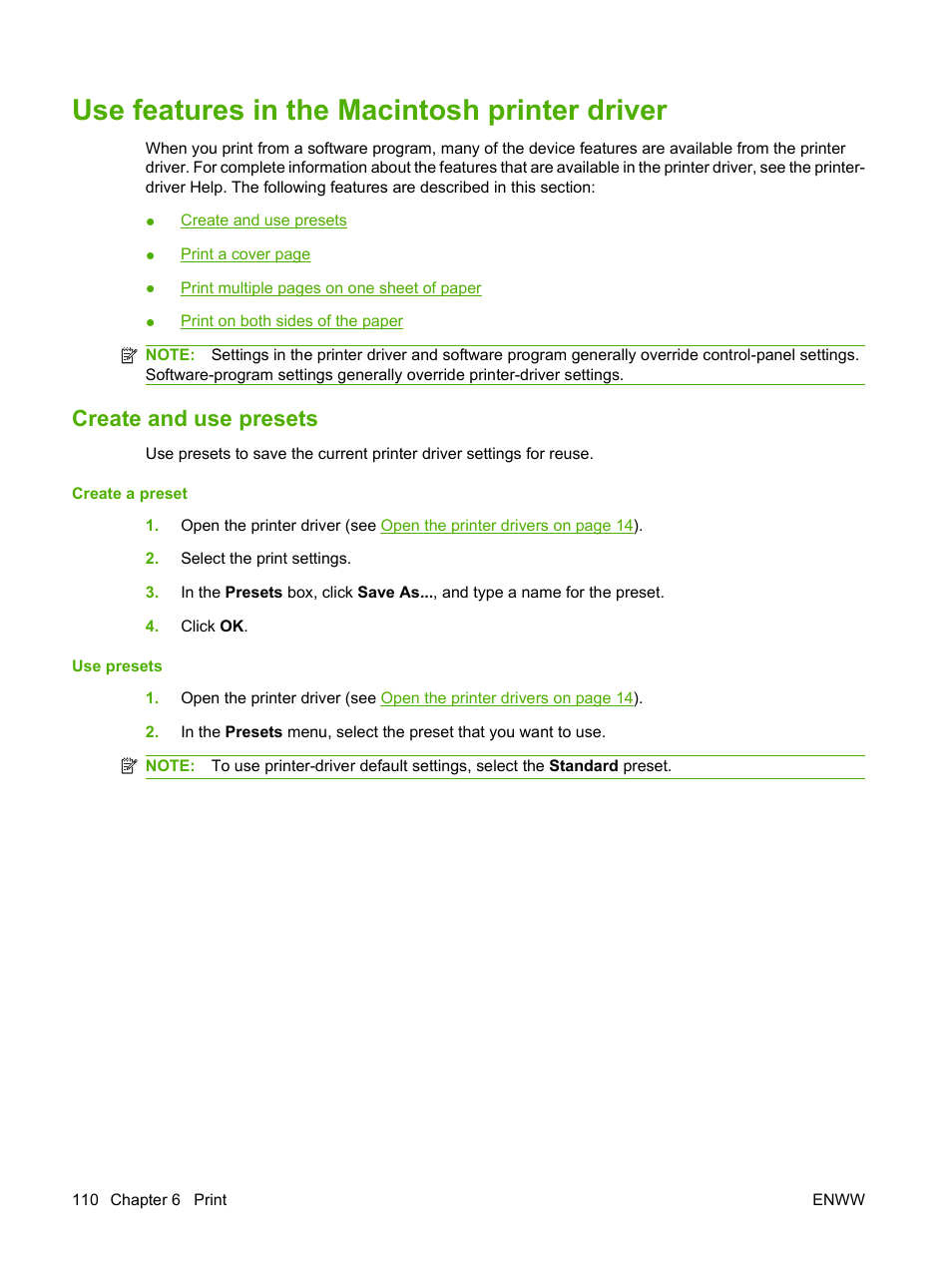 Use features in the macintosh printer driver, Create and use presets | HP LaserJet M4349 Multifunction Printer series User Manual | Page 124 / 282