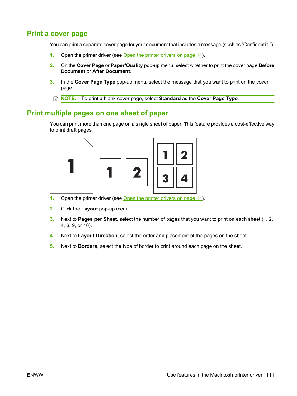 Print a cover page, Print multiple pages on one sheet of paper | HP LaserJet M4349 Multifunction Printer series User Manual | Page 125 / 282