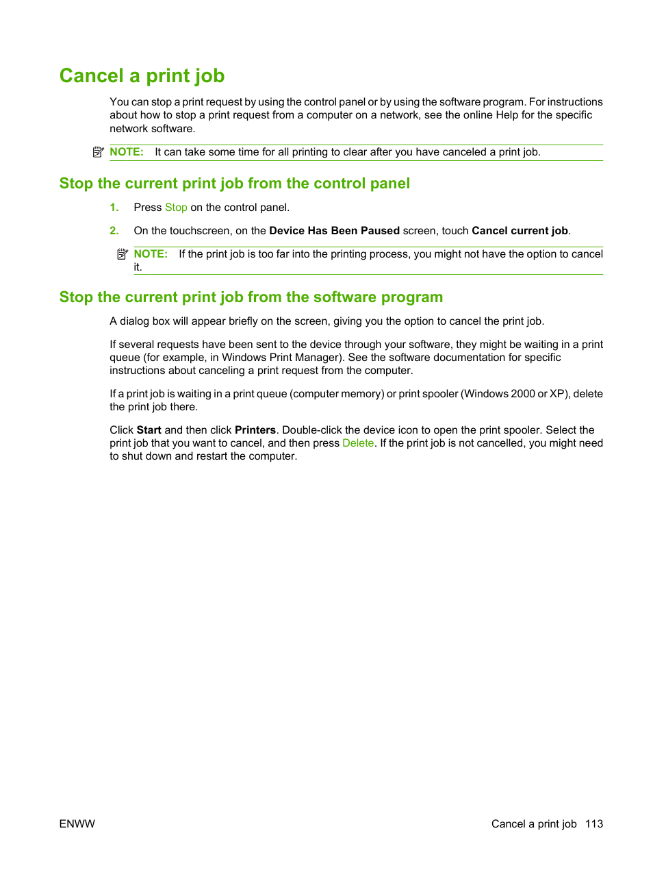 Cancel a print job, Stop the current print job from the control panel | HP LaserJet M4349 Multifunction Printer series User Manual | Page 127 / 282