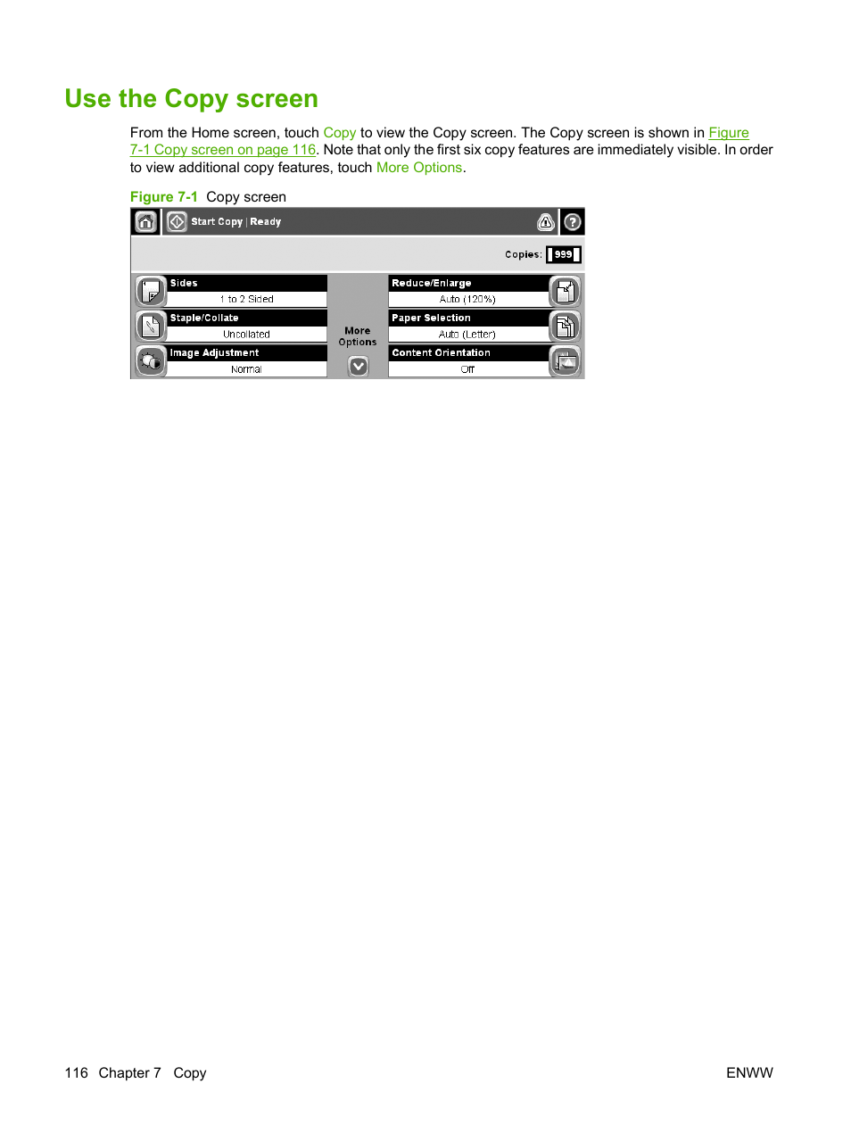 Use the copy screen | HP LaserJet M4349 Multifunction Printer series User Manual | Page 130 / 282