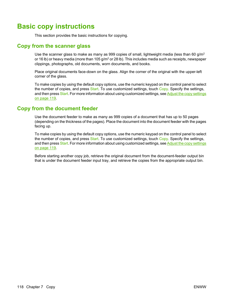 Basic copy instructions, Copy from the scanner glass, Copy from the document feeder | HP LaserJet M4349 Multifunction Printer series User Manual | Page 132 / 282