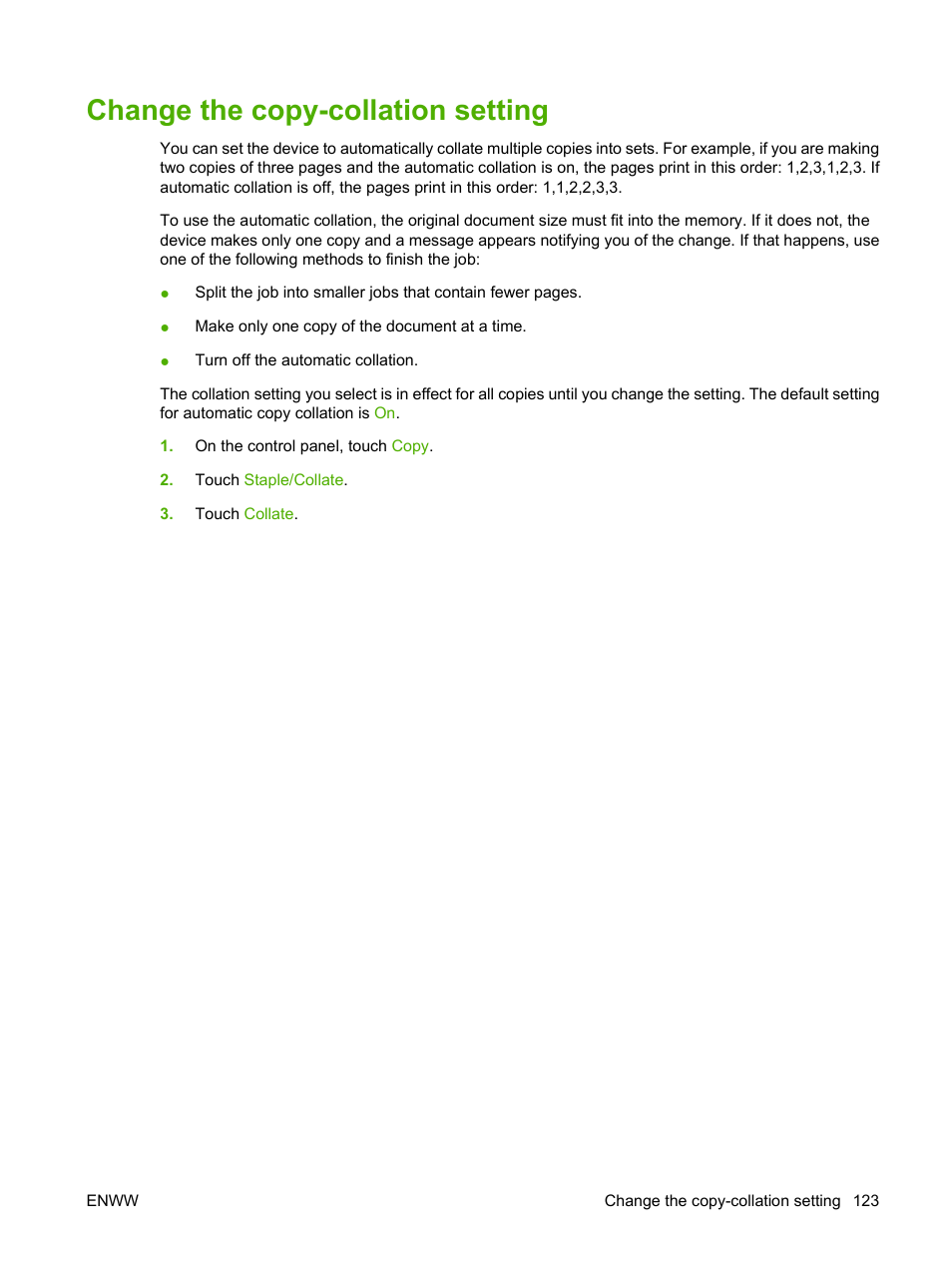 Change the copy-collation setting | HP LaserJet M4349 Multifunction Printer series User Manual | Page 137 / 282