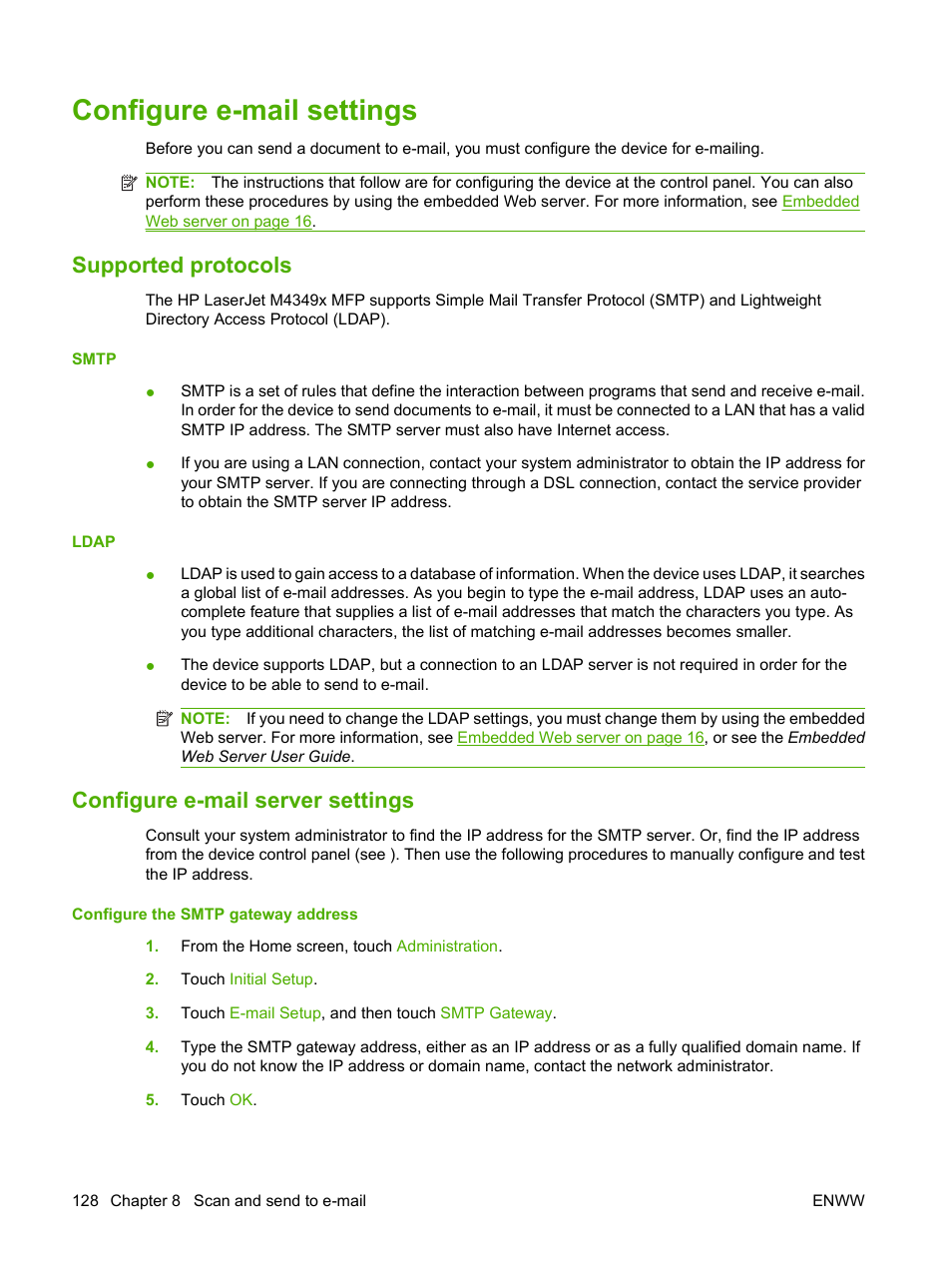 Configure e-mail settings, Supported protocols, Configure e-mail server settings | HP LaserJet M4349 Multifunction Printer series User Manual | Page 142 / 282