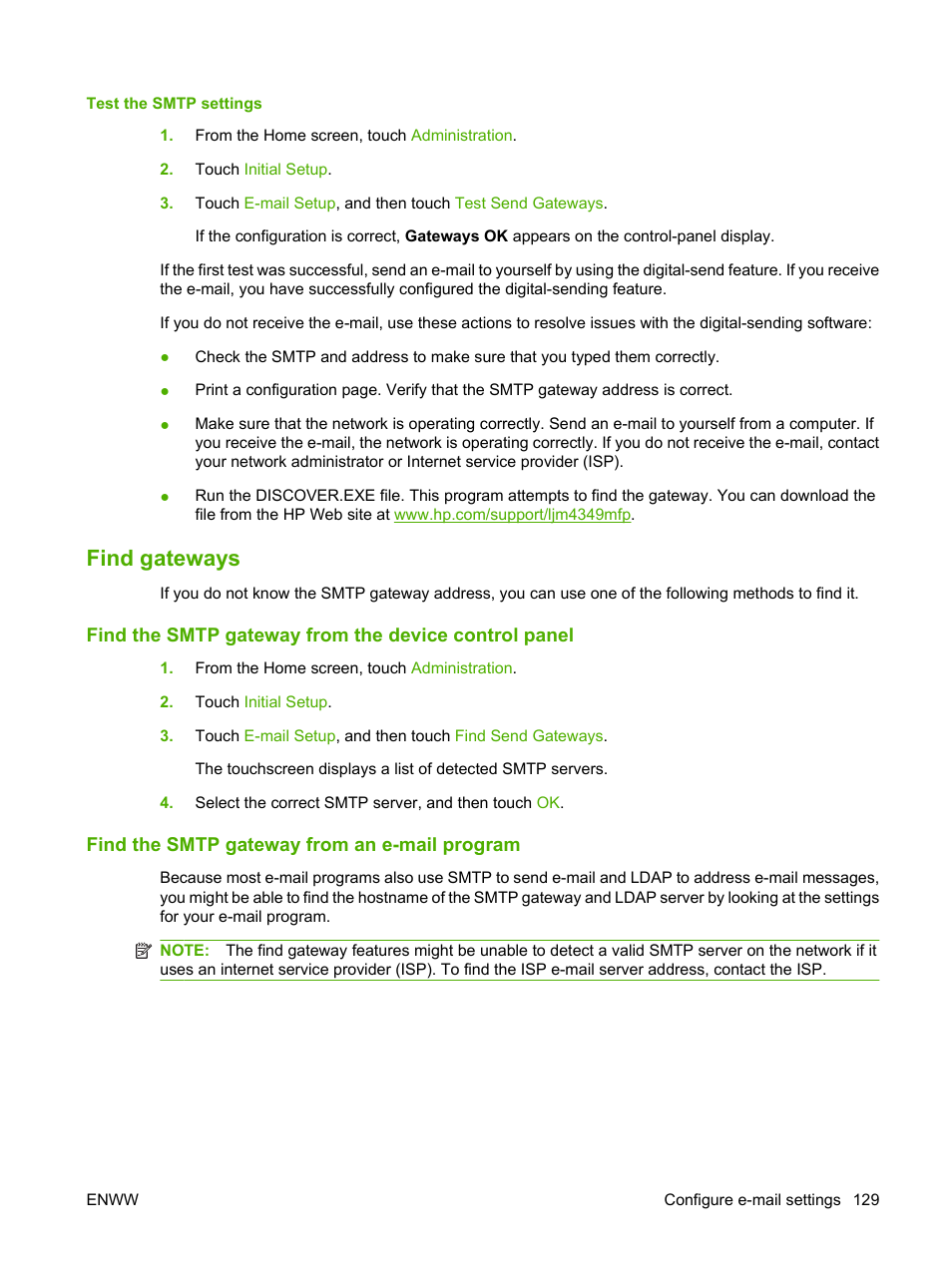 Find gateways, Find the smtp gateway from an e-mail program | HP LaserJet M4349 Multifunction Printer series User Manual | Page 143 / 282