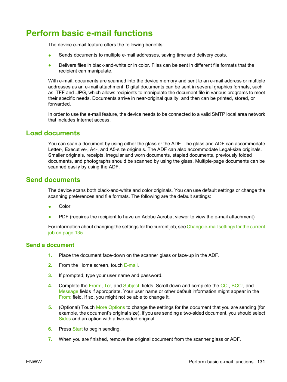 Perform basic e-mail functions, Load documents, Send documents | Send a document, Load documents send documents | HP LaserJet M4349 Multifunction Printer series User Manual | Page 145 / 282