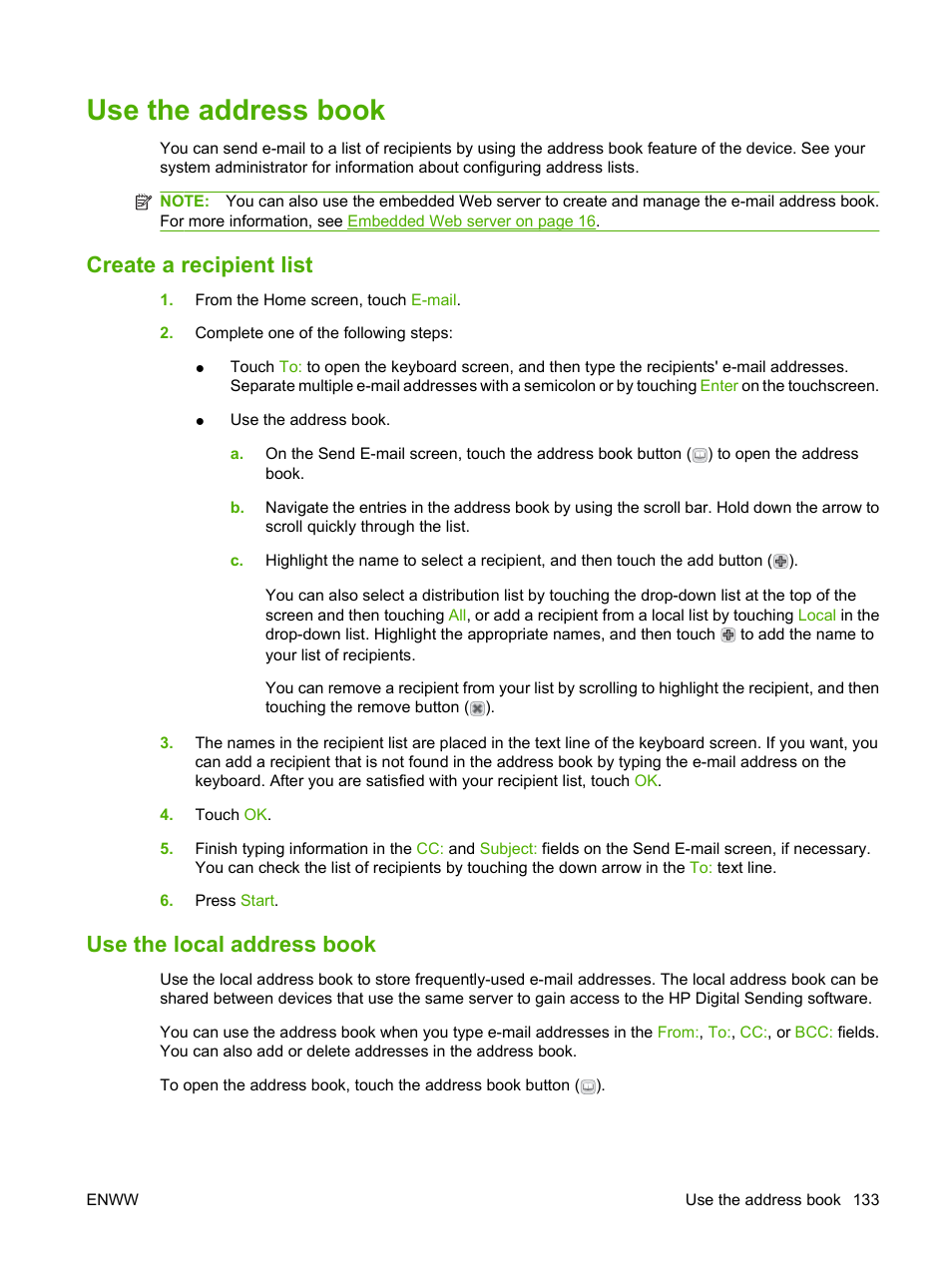 Use the address book, Create a recipient list, Use the local address book | Create a recipient list use the local address book | HP LaserJet M4349 Multifunction Printer series User Manual | Page 147 / 282