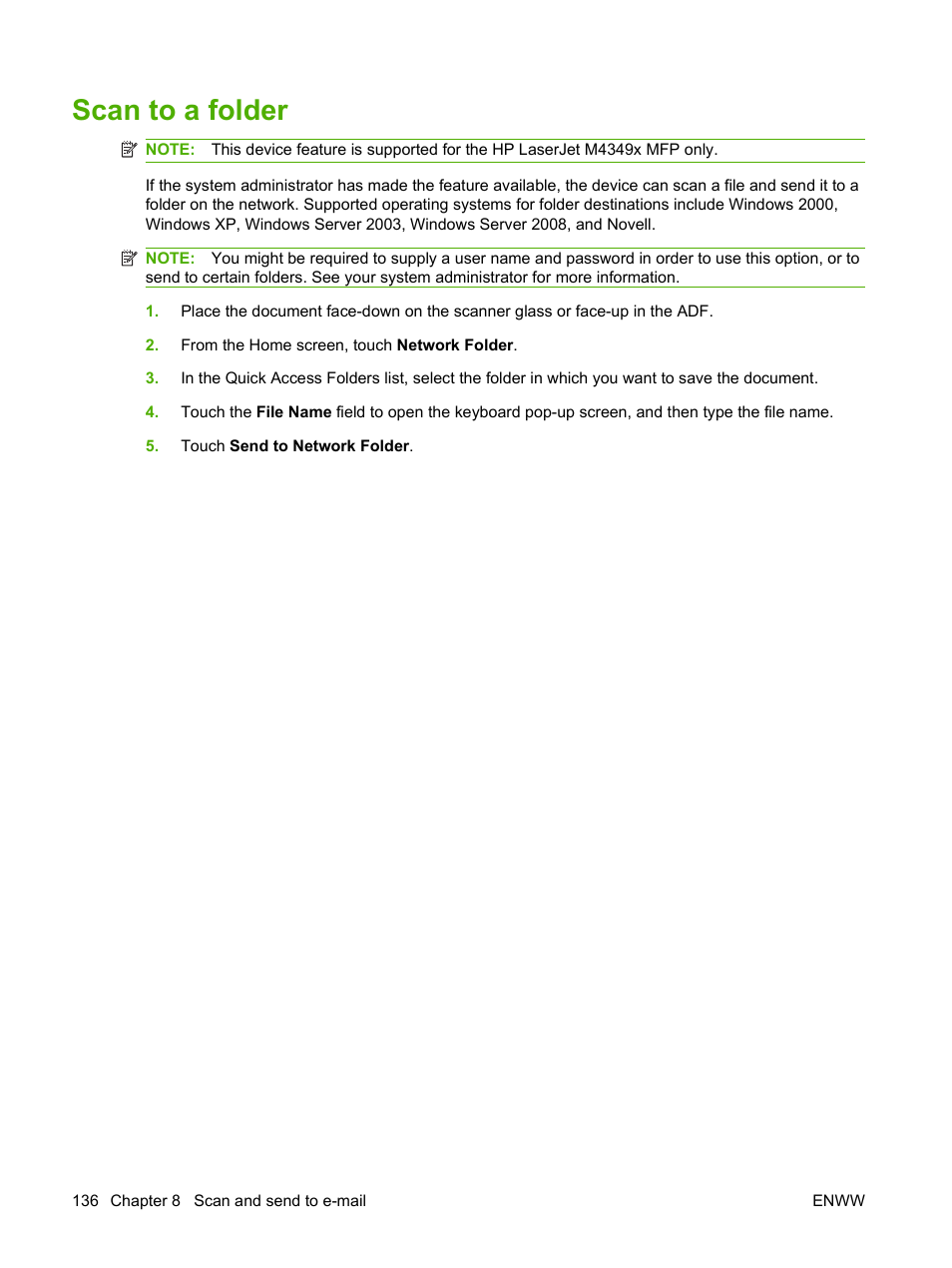 Scan to a folder | HP LaserJet M4349 Multifunction Printer series User Manual | Page 150 / 282