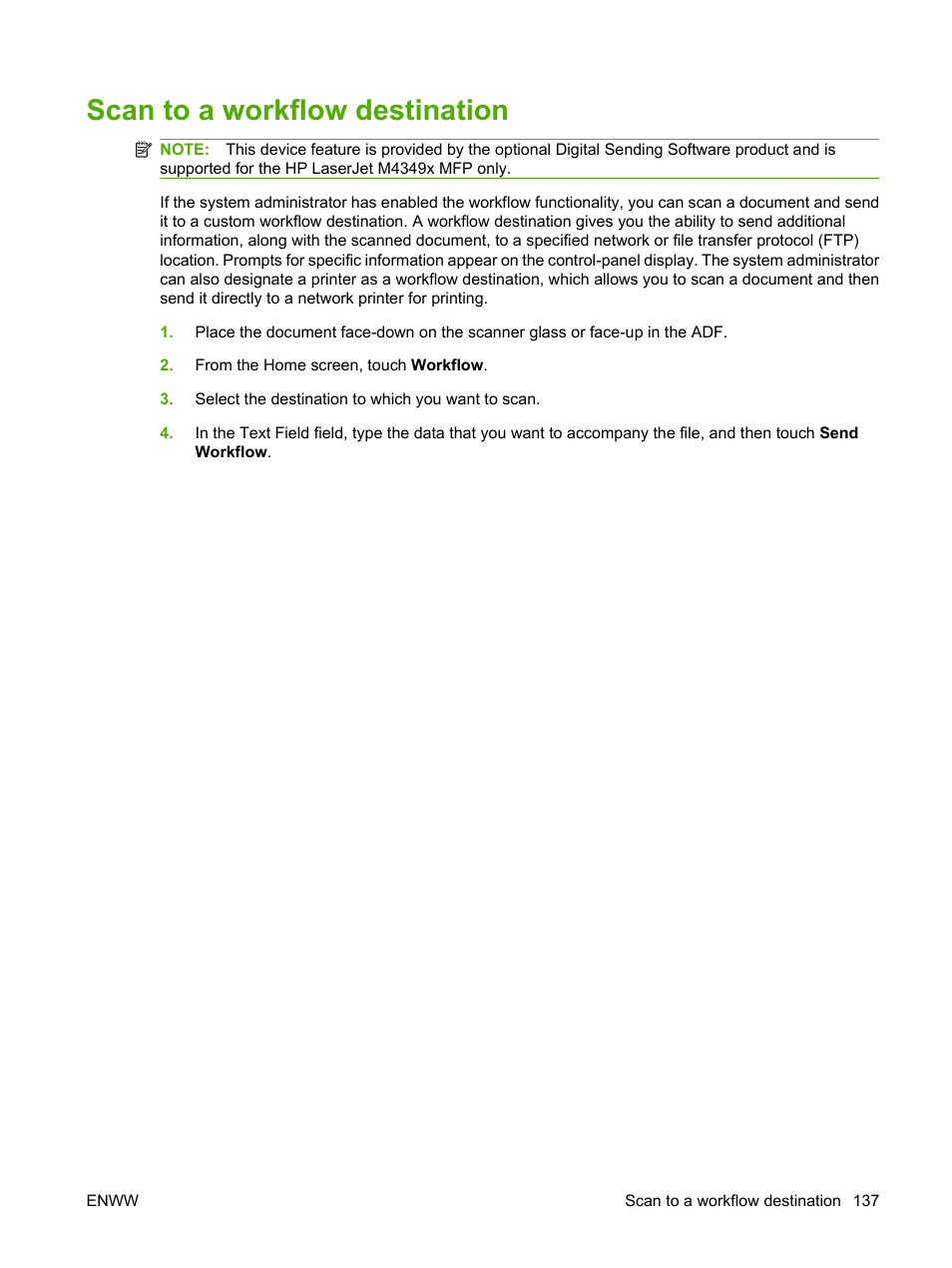 Scan to a workflow destination | HP LaserJet M4349 Multifunction Printer series User Manual | Page 151 / 282