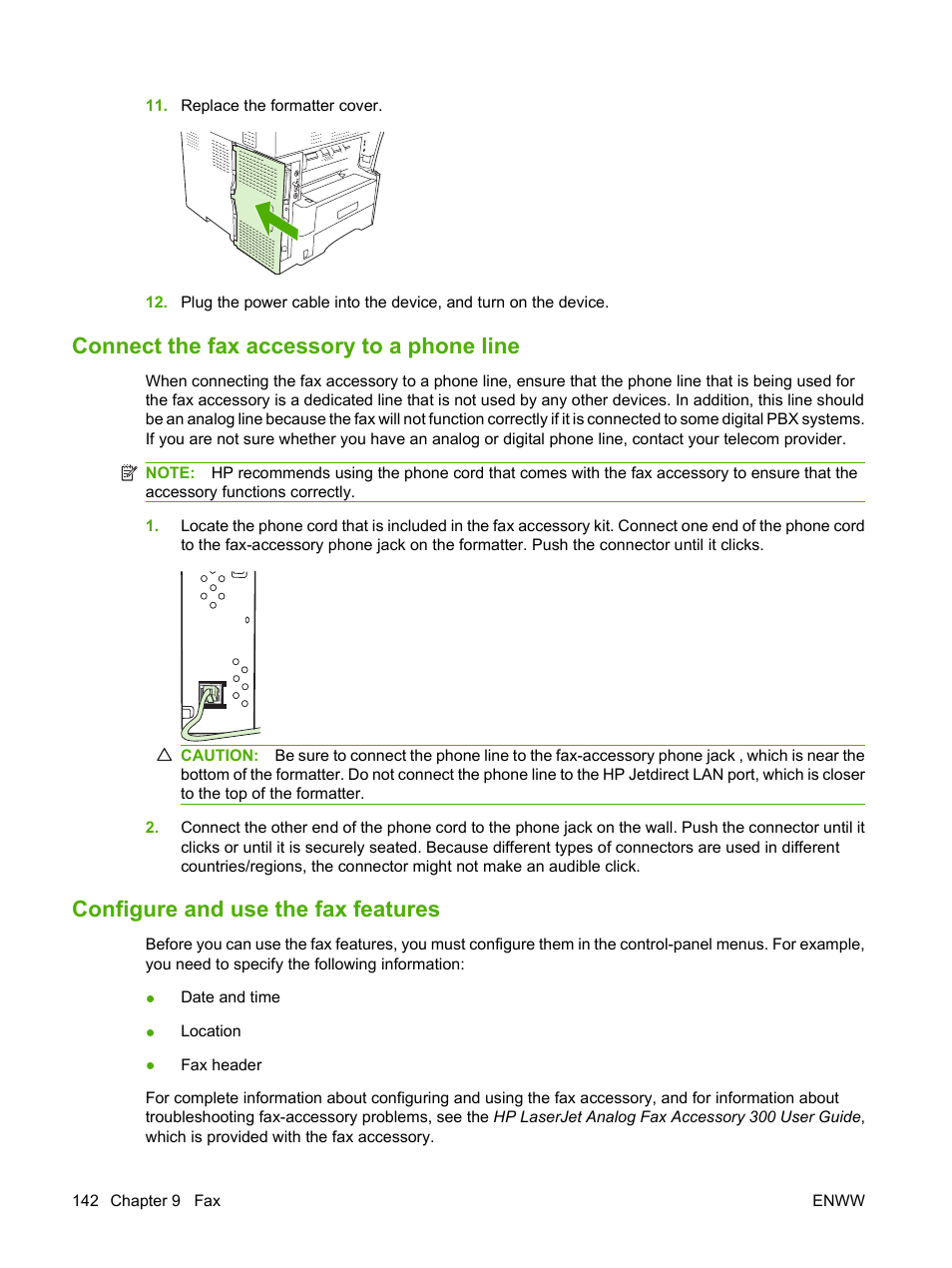 Connect the fax accessory to a phone line, Configure and use the fax features | HP LaserJet M4349 Multifunction Printer series User Manual | Page 156 / 282