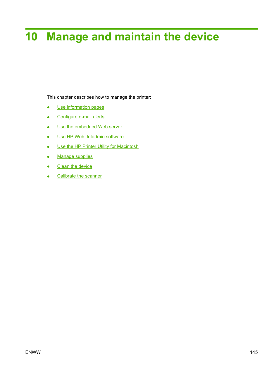 Manage and maintain the device, 10 manage and maintain the device | HP LaserJet M4349 Multifunction Printer series User Manual | Page 159 / 282