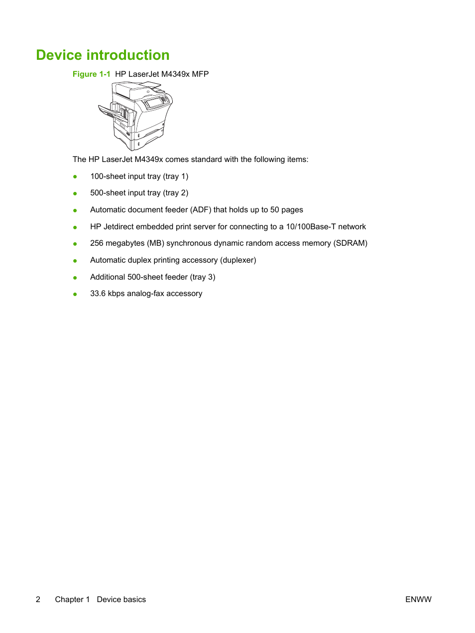 Device introduction | HP LaserJet M4349 Multifunction Printer series User Manual | Page 16 / 282