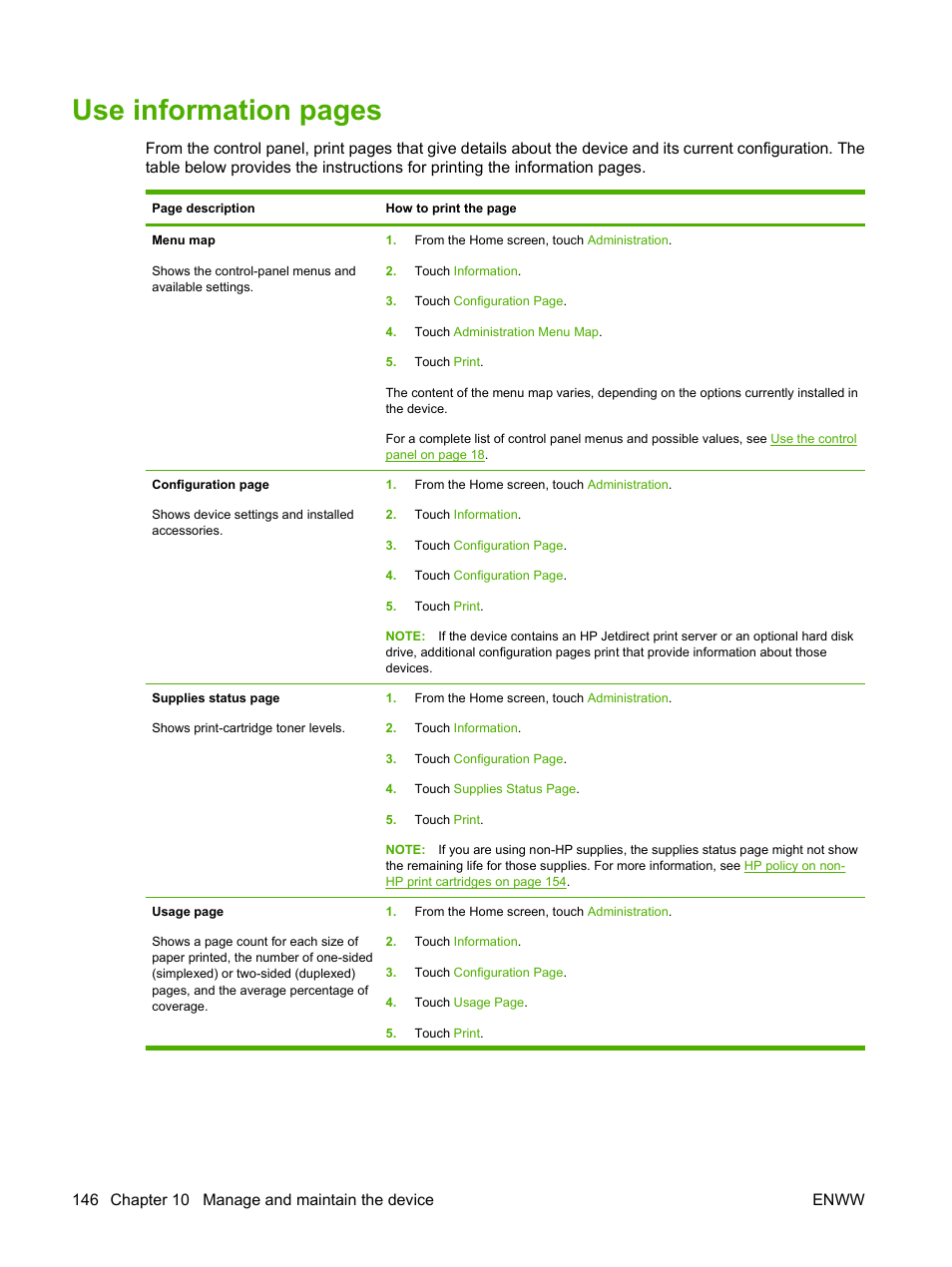 Use information pages | HP LaserJet M4349 Multifunction Printer series User Manual | Page 160 / 282