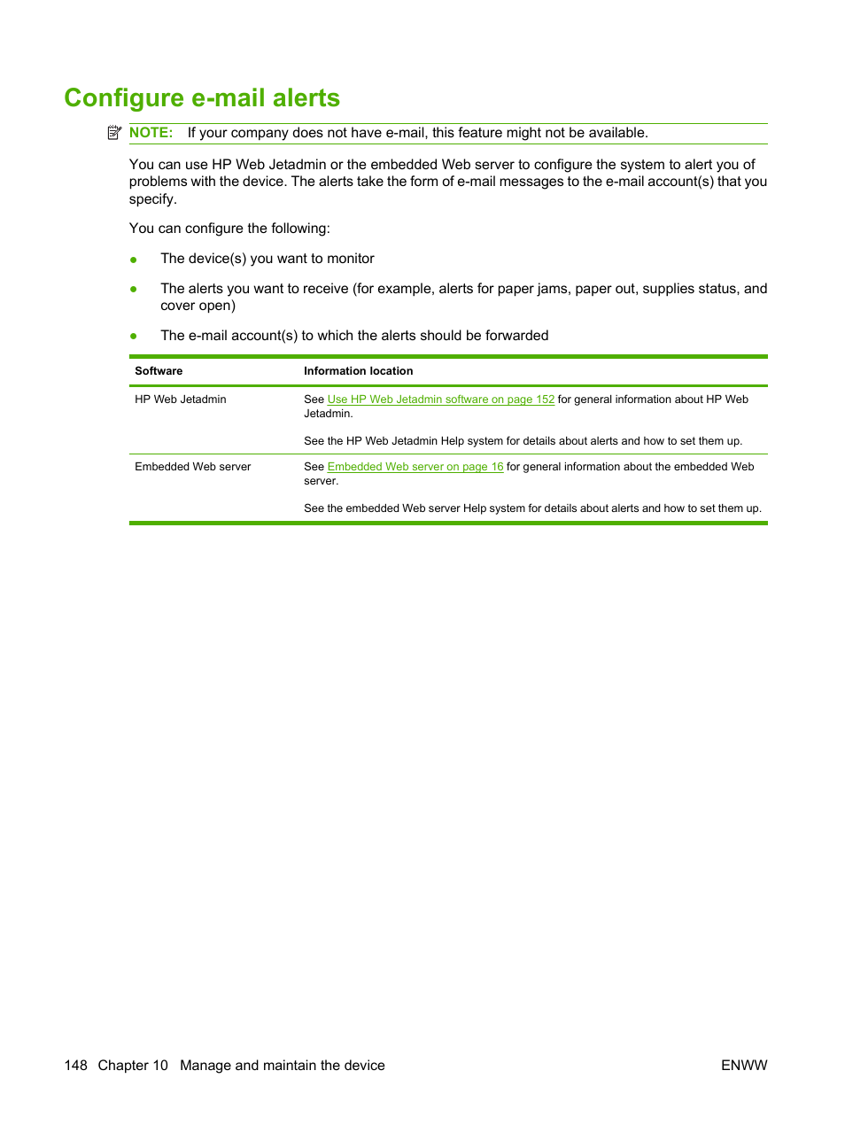 Configure e-mail alerts | HP LaserJet M4349 Multifunction Printer series User Manual | Page 162 / 282