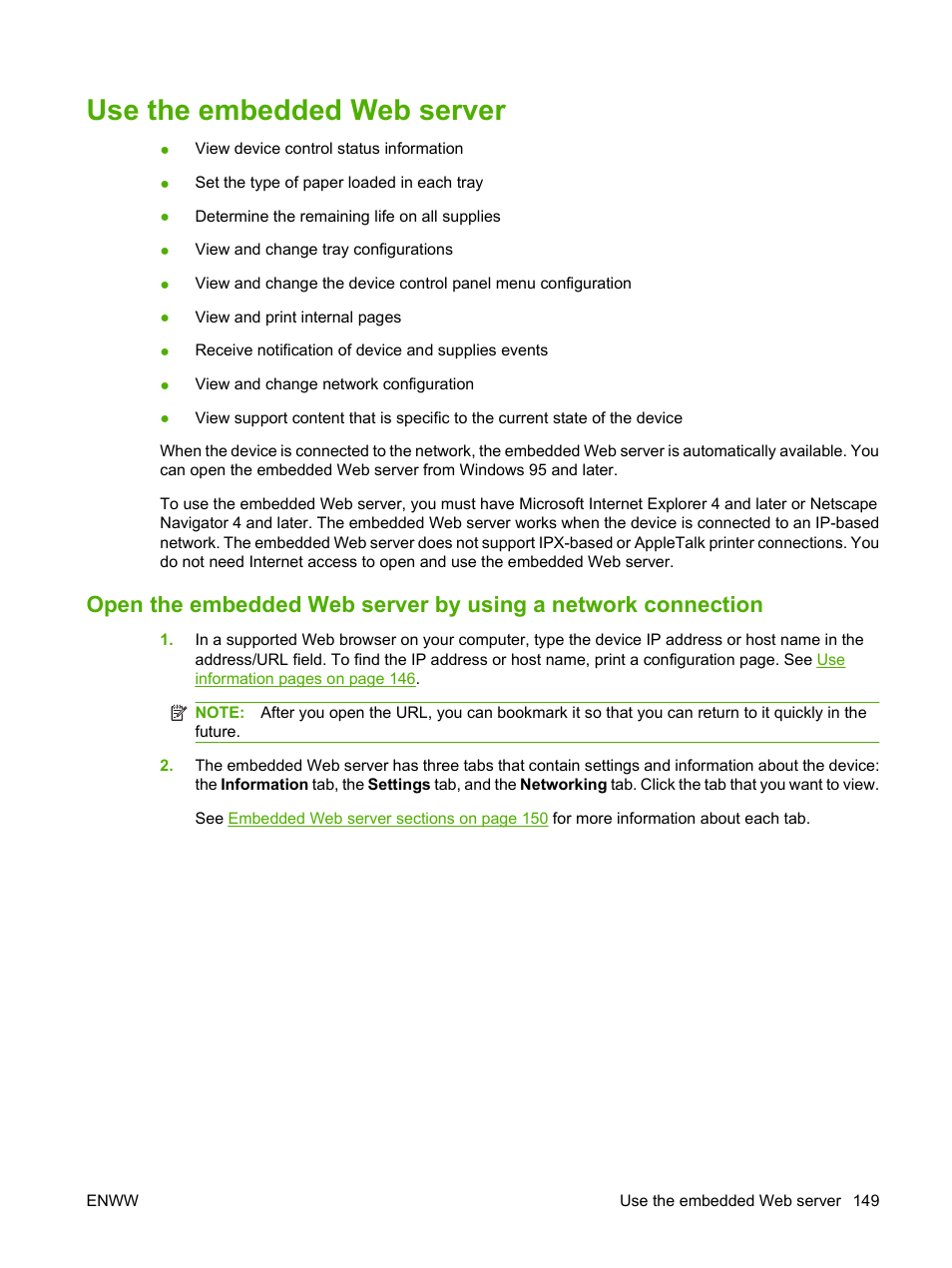 Use the embedded web server | HP LaserJet M4349 Multifunction Printer series User Manual | Page 163 / 282