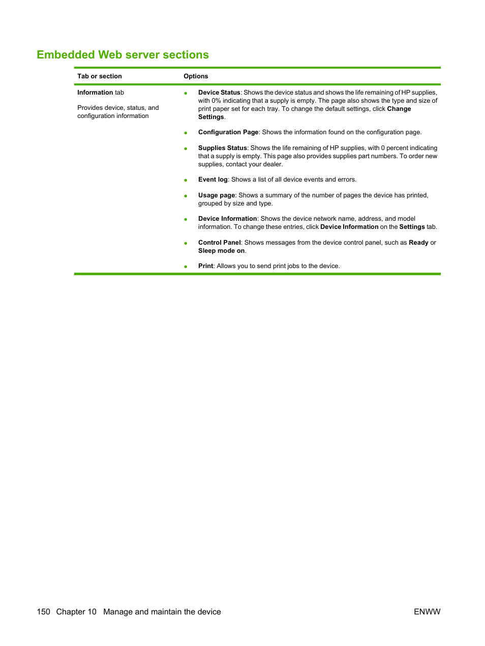 Embedded web server sections | HP LaserJet M4349 Multifunction Printer series User Manual | Page 164 / 282