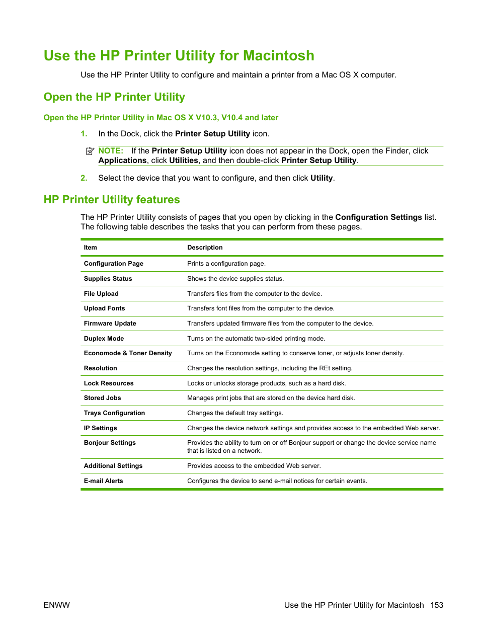 Use the hp printer utility for macintosh, Open the hp printer utility, Hp printer utility features | Use the hp printer utility for | HP LaserJet M4349 Multifunction Printer series User Manual | Page 167 / 282