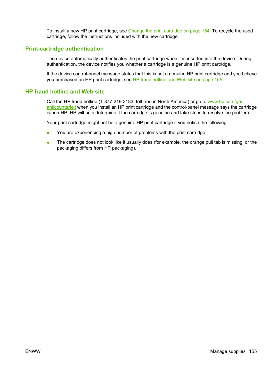 Print-cartridge authentication, Hp fraud hotline and web site | HP LaserJet M4349 Multifunction Printer series User Manual | Page 169 / 282