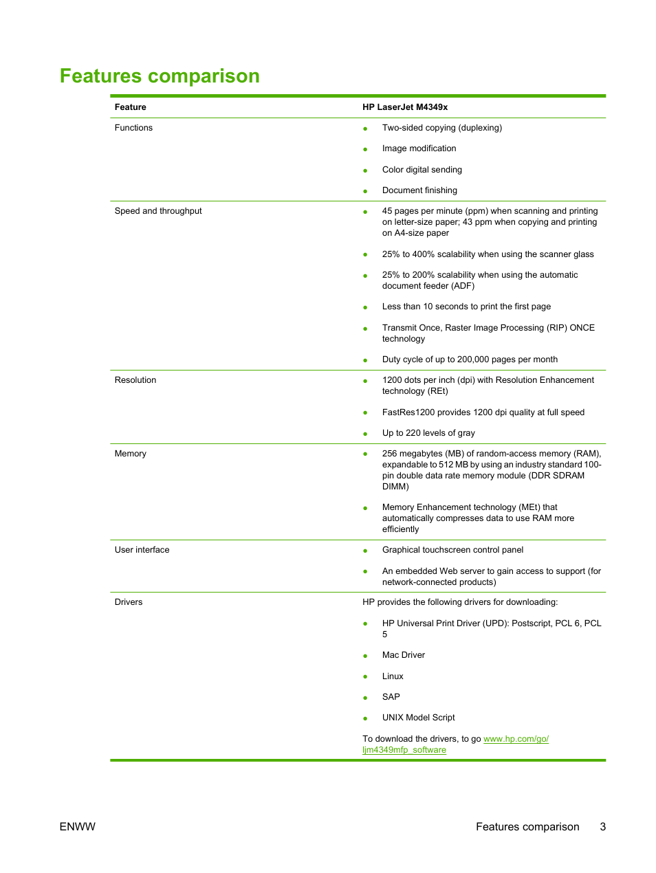 Features comparison, Enww features comparison 3 | HP LaserJet M4349 Multifunction Printer series User Manual | Page 17 / 282