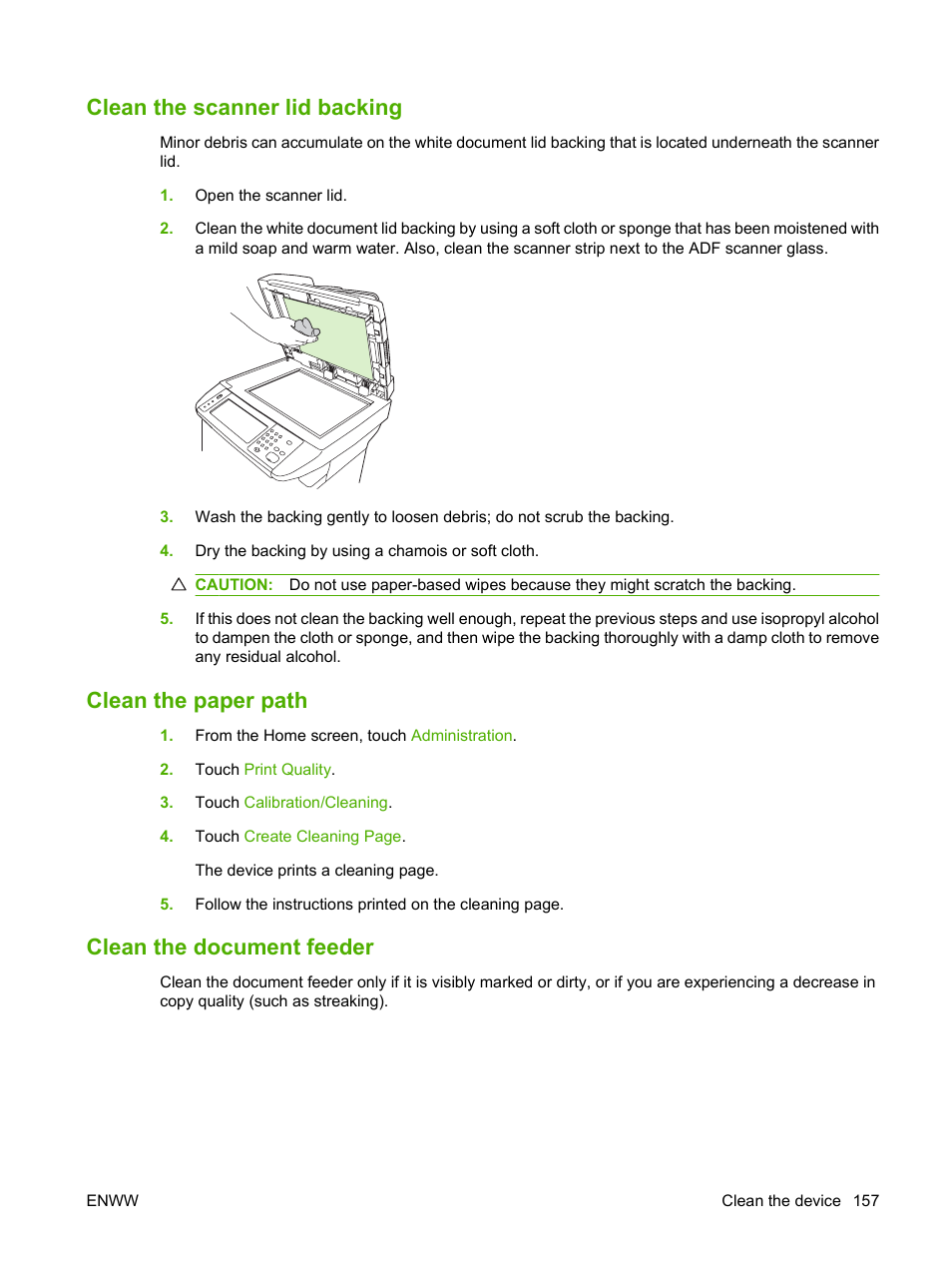 Clean the scanner lid backing, Clean the paper path, Clean the document feeder | HP LaserJet M4349 Multifunction Printer series User Manual | Page 171 / 282