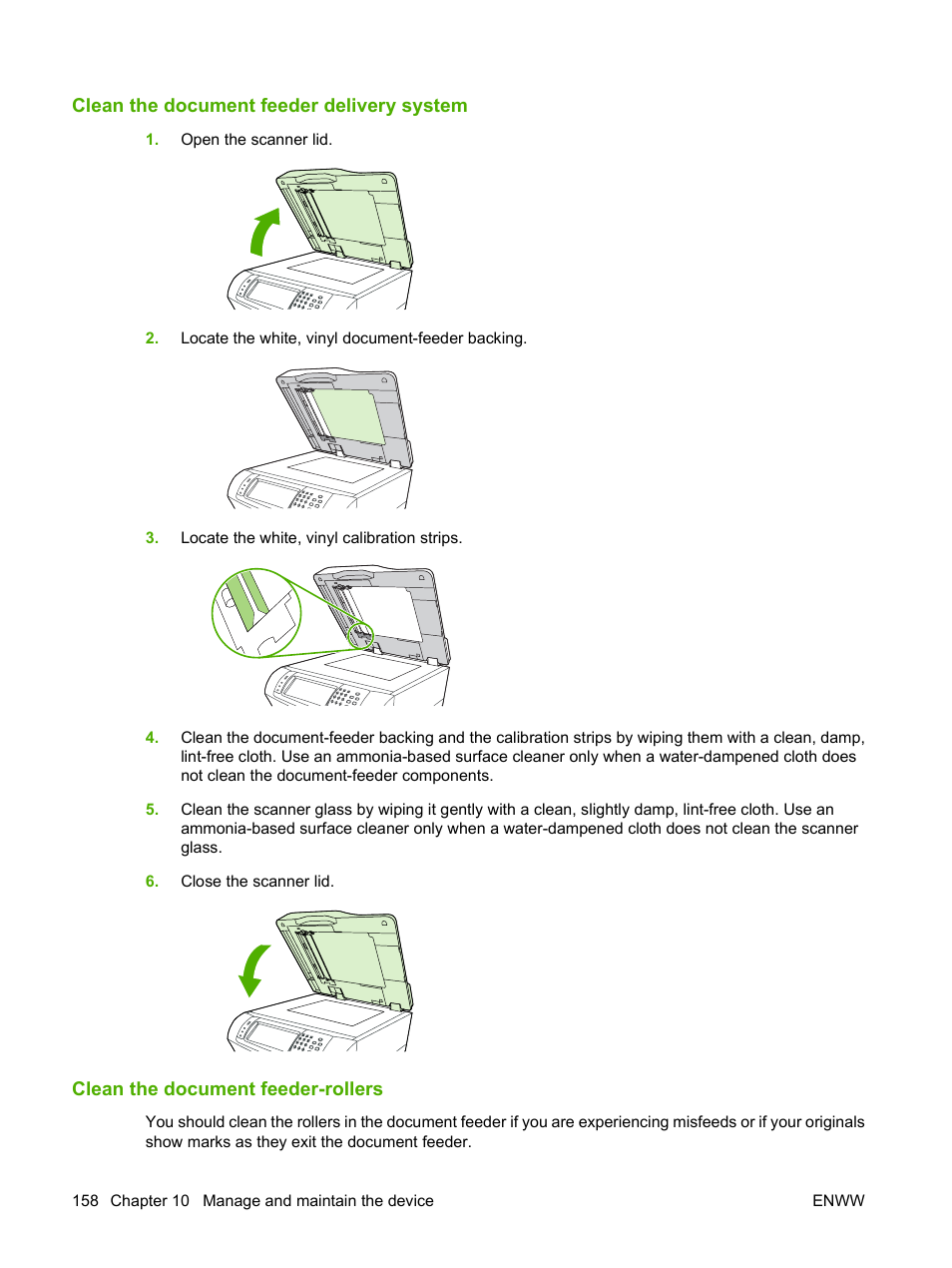 Clean the document feeder delivery system, Clean the document feeder-rollers | HP LaserJet M4349 Multifunction Printer series User Manual | Page 172 / 282