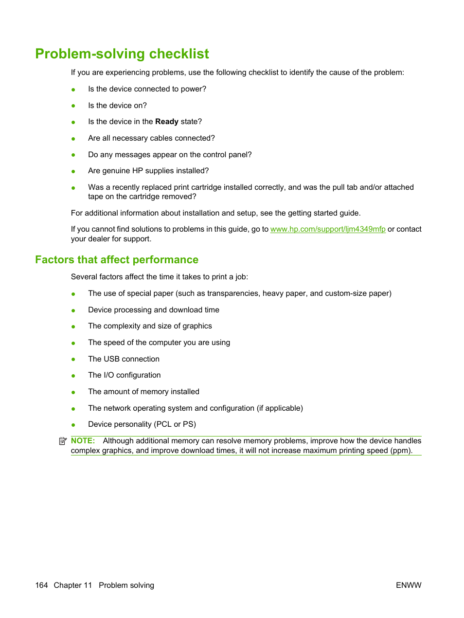 Problem-solving checklist, Factors that affect performance | HP LaserJet M4349 Multifunction Printer series User Manual | Page 178 / 282