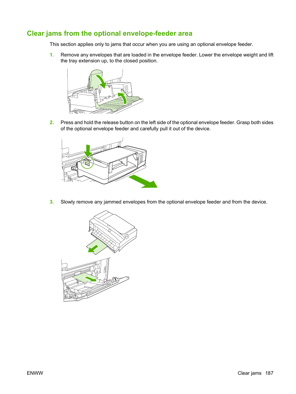 Clear jams from the optional envelope-feeder area, Clear jams from | HP LaserJet M4349 Multifunction Printer series User Manual | Page 201 / 282