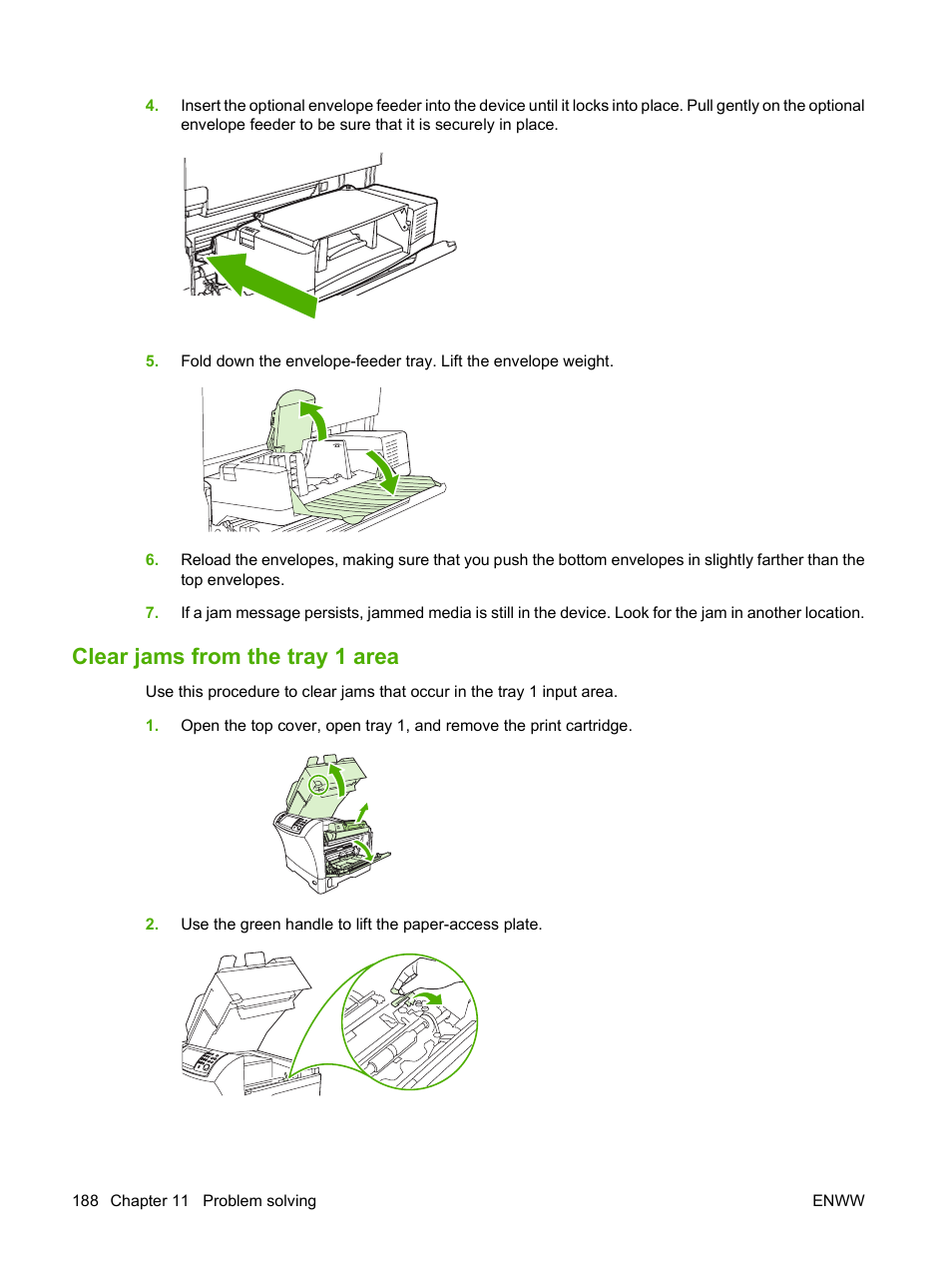 Clear jams from the tray 1 area | HP LaserJet M4349 Multifunction Printer series User Manual | Page 202 / 282