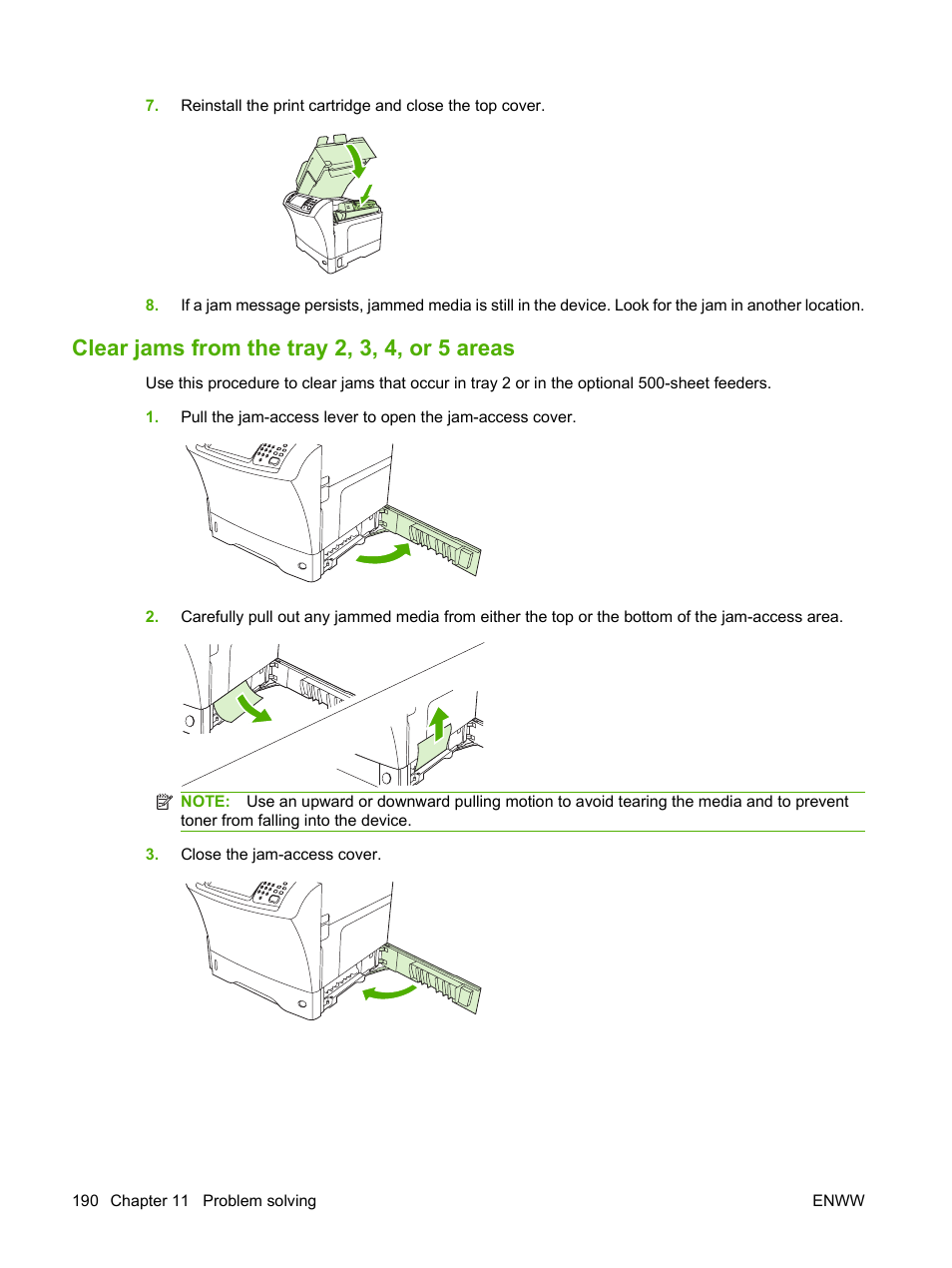 Clear jams from the tray 2, 3, 4, or 5 areas, Clear jams from the tray 2, 3, 4, or | HP LaserJet M4349 Multifunction Printer series User Manual | Page 204 / 282