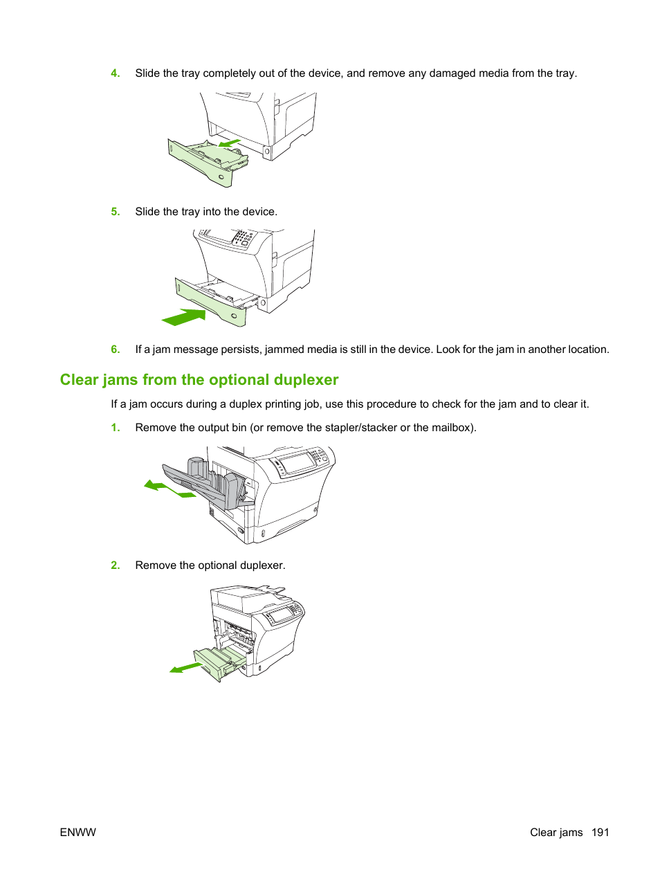 Clear jams from the optional duplexer, Clear jams from the optional | HP LaserJet M4349 Multifunction Printer series User Manual | Page 205 / 282