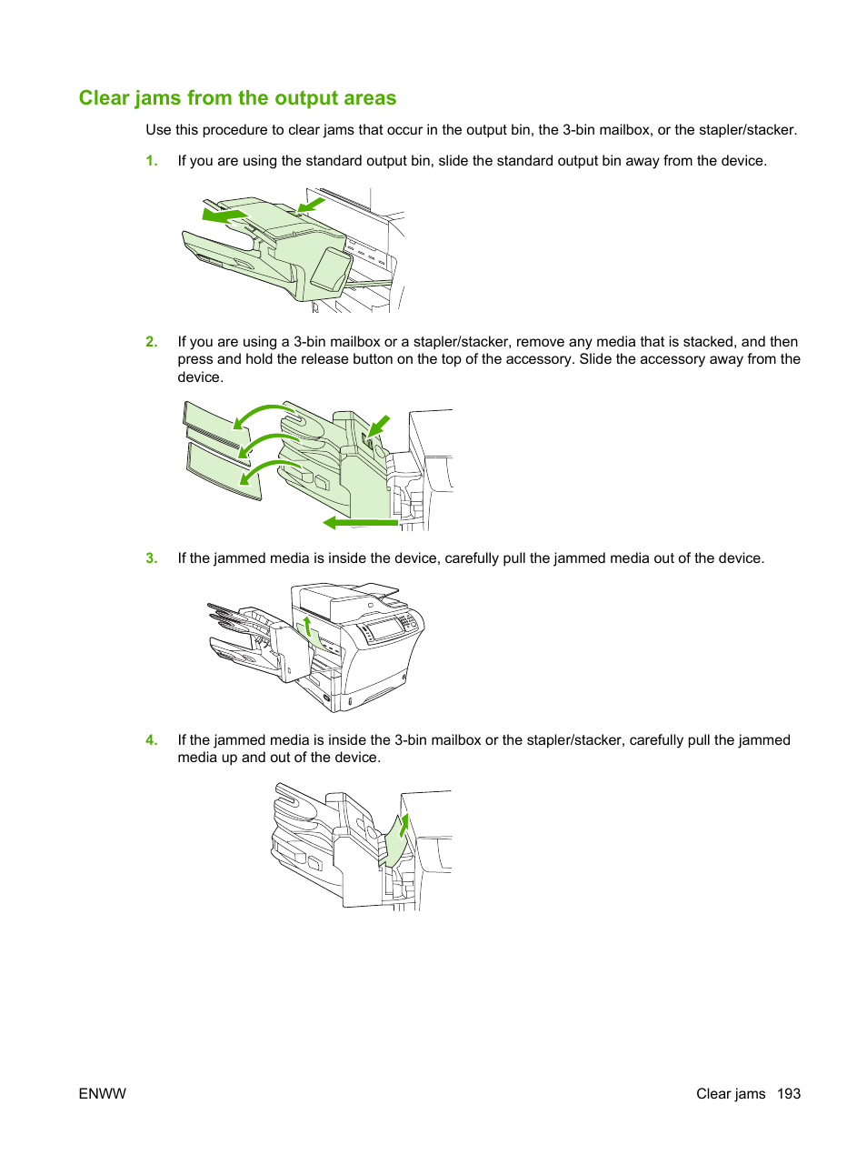 Clear jams from the output areas | HP LaserJet M4349 Multifunction Printer series User Manual | Page 207 / 282