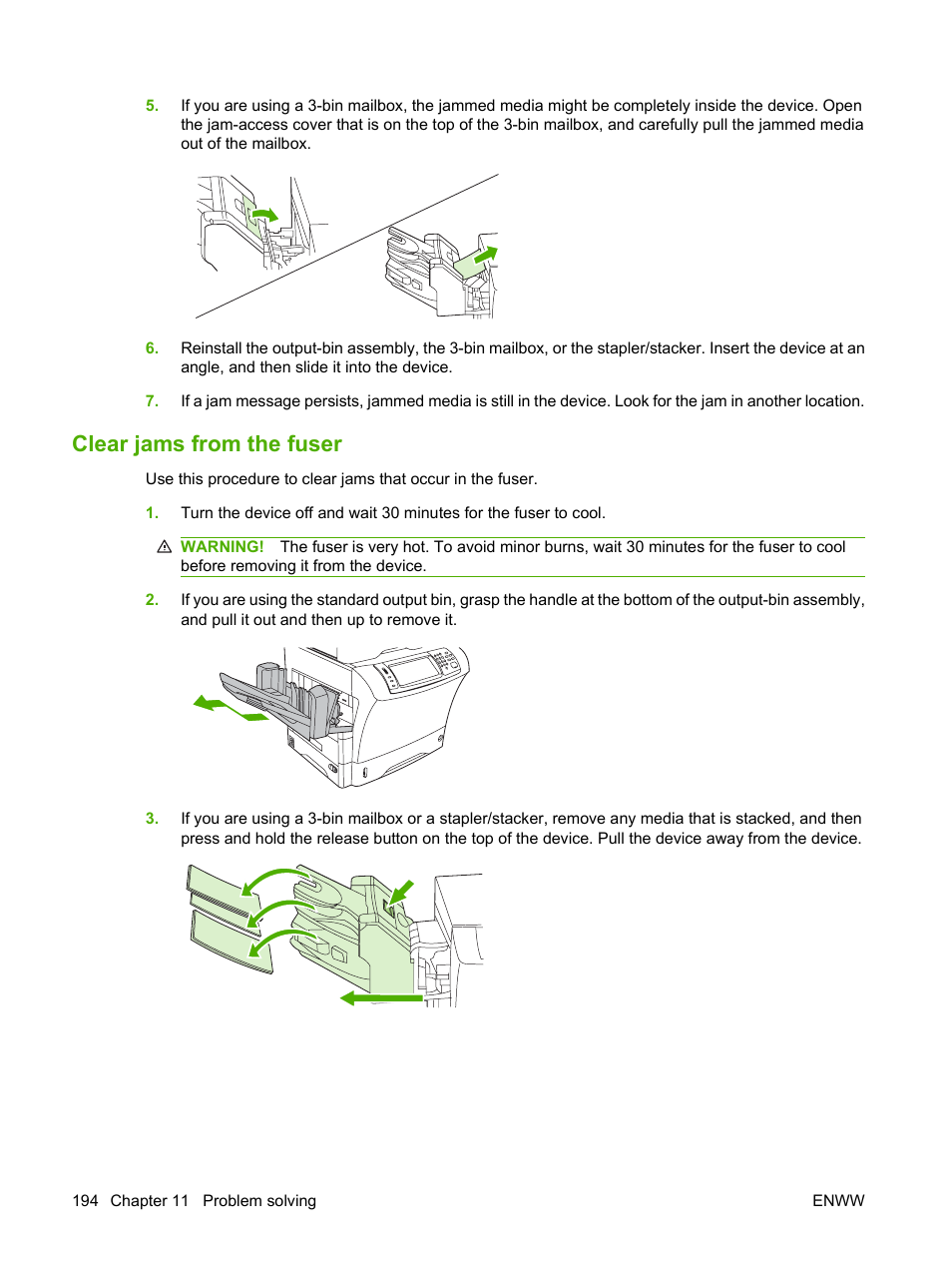 Clear jams from the fuser | HP LaserJet M4349 Multifunction Printer series User Manual | Page 208 / 282