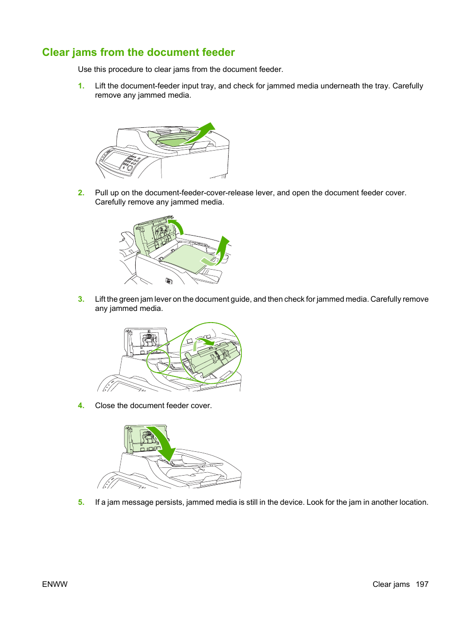 Clear jams from the document feeder, Clear jams from the, Clear jams from the document | HP LaserJet M4349 Multifunction Printer series User Manual | Page 211 / 282