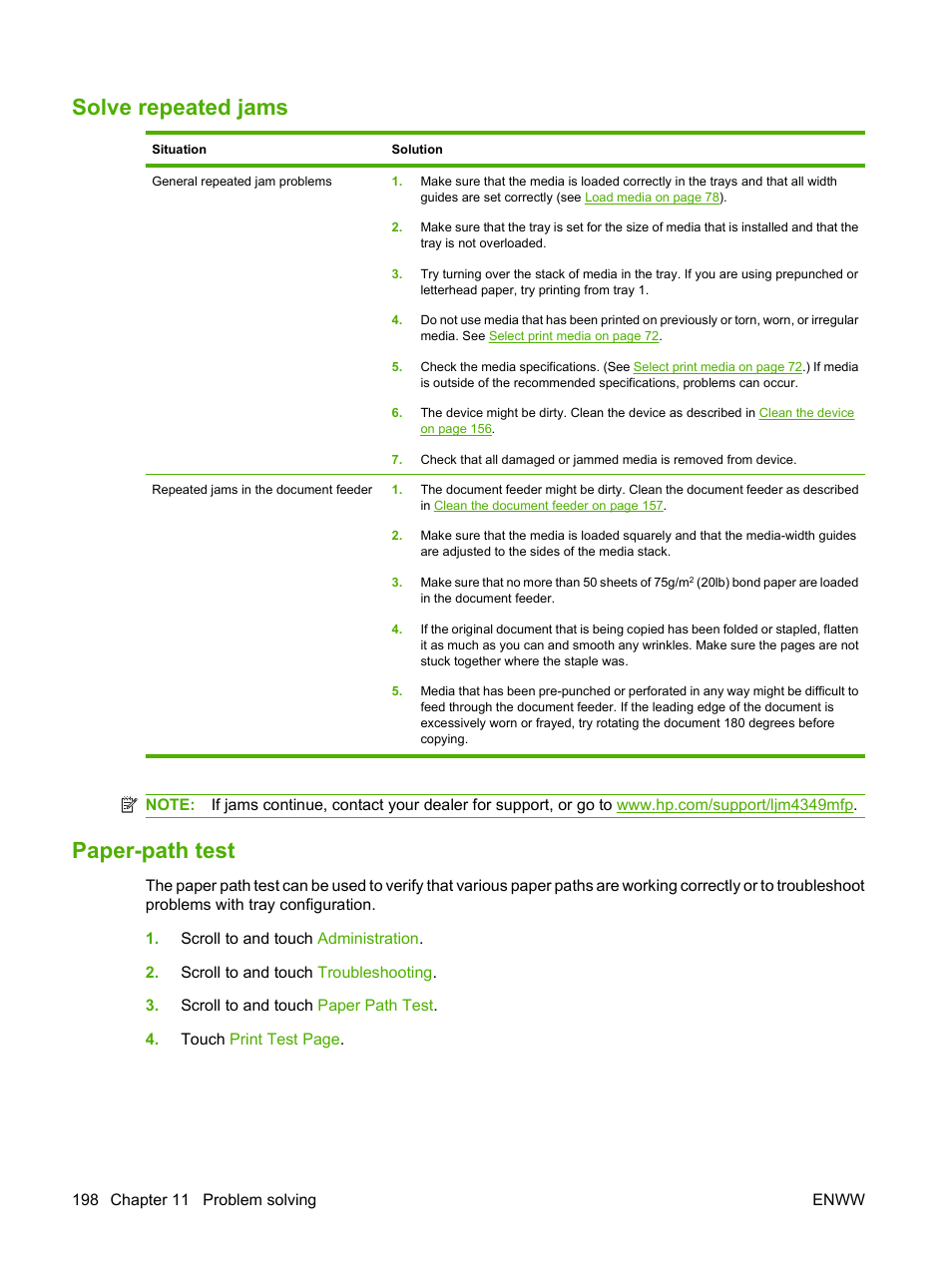 Solve repeated jams, Paper-path test, Solve repeated | HP LaserJet M4349 Multifunction Printer series User Manual | Page 212 / 282