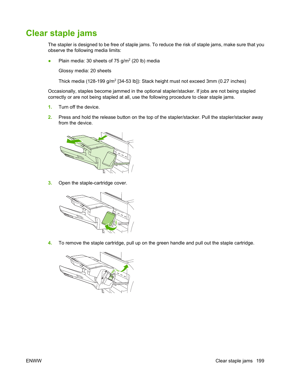 Clear staple jams, Clear staple | HP LaserJet M4349 Multifunction Printer series User Manual | Page 213 / 282