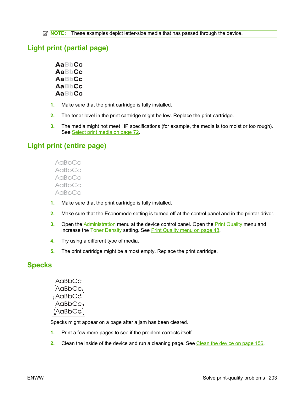 Specks, Light print (partial, Light print (entire | Light print (partial page), Light print (entire page) | HP LaserJet M4349 Multifunction Printer series User Manual | Page 217 / 282