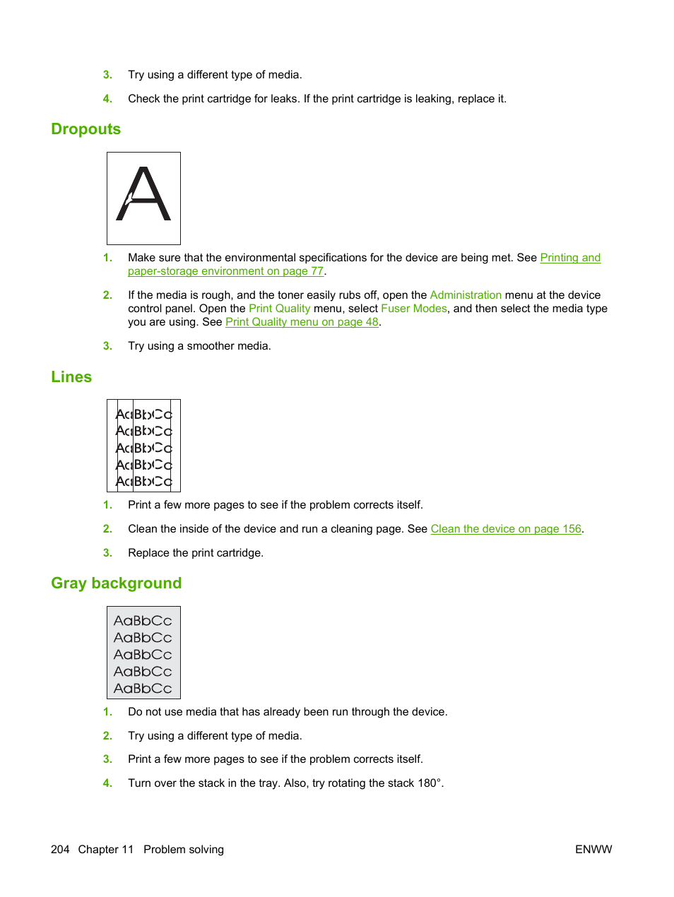 Dropouts, Lines, Gray background | Dropouts lines gray background | HP LaserJet M4349 Multifunction Printer series User Manual | Page 218 / 282