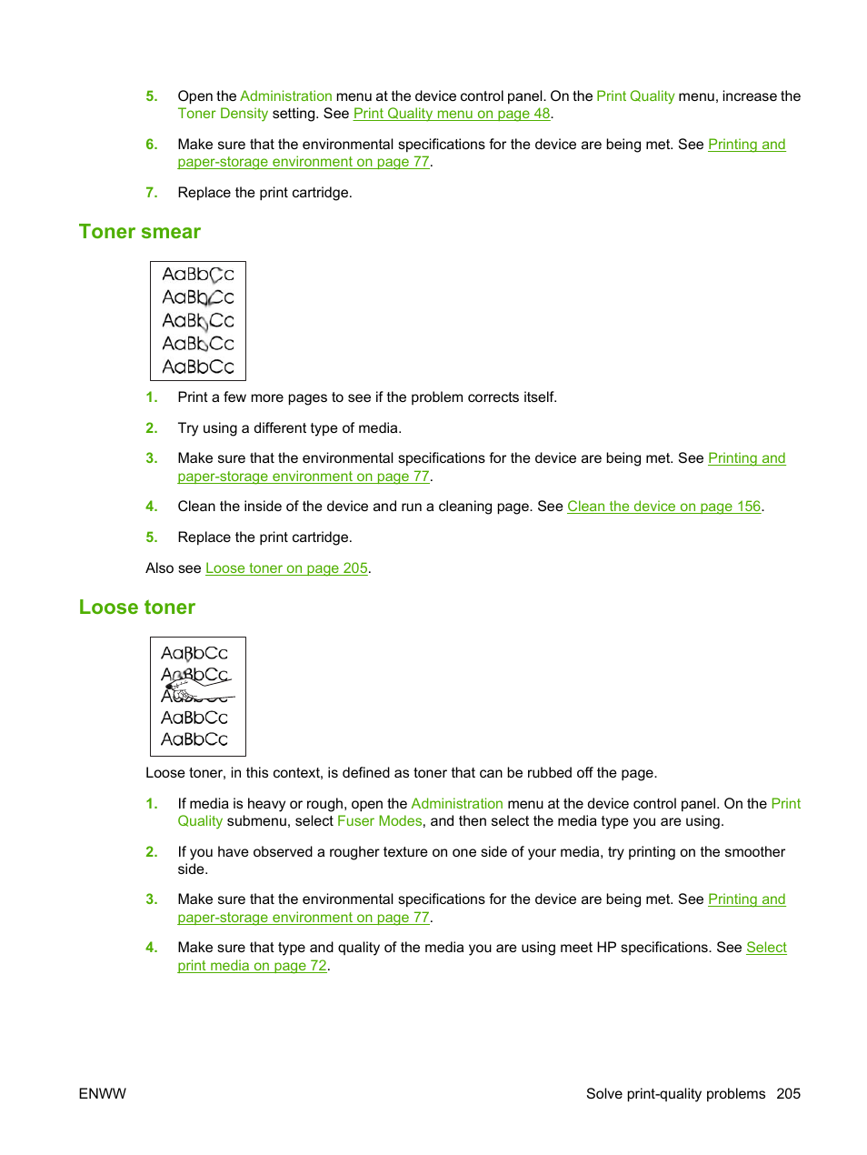 Toner smear, Loose toner, Toner smear loose toner | HP LaserJet M4349 Multifunction Printer series User Manual | Page 219 / 282