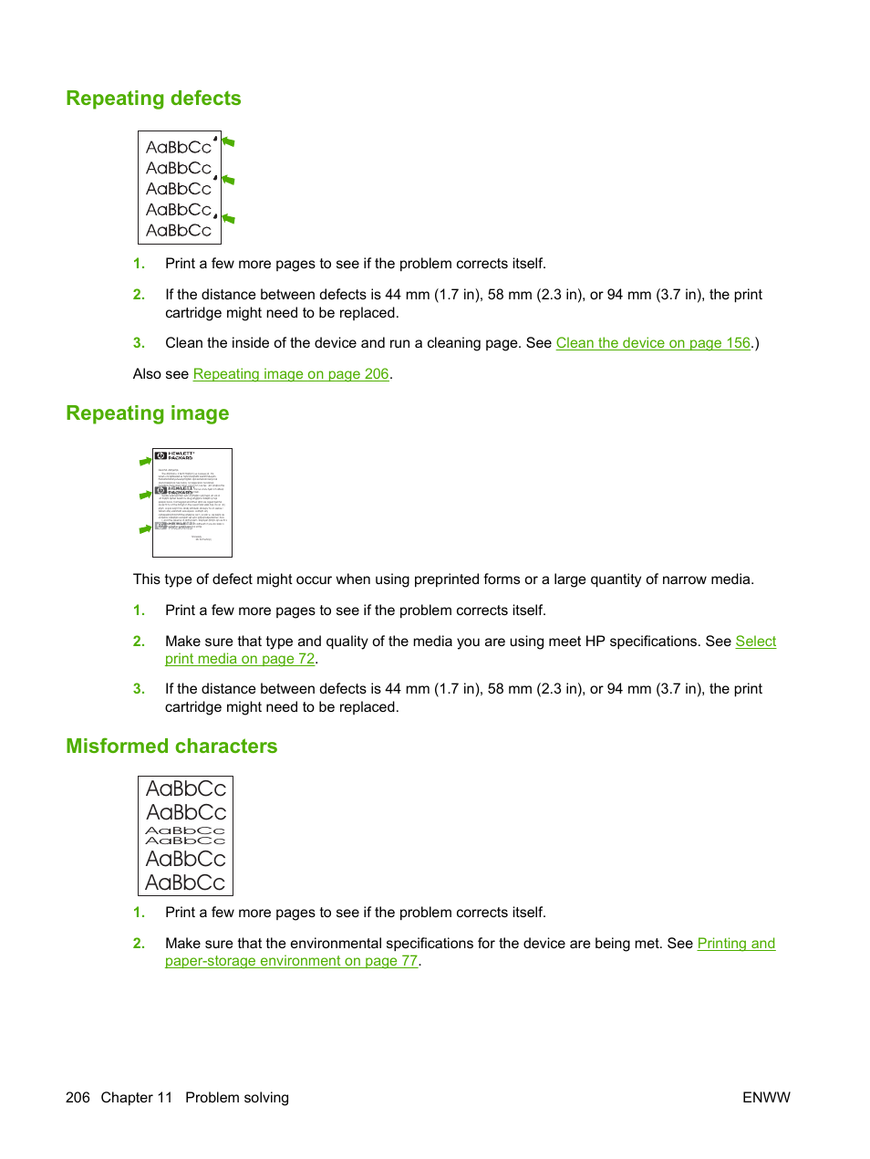 Repeating defects, Repeating image, Misformed characters | Misformed, Aabbcc aabbcc aabbcc aabbcc | HP LaserJet M4349 Multifunction Printer series User Manual | Page 220 / 282