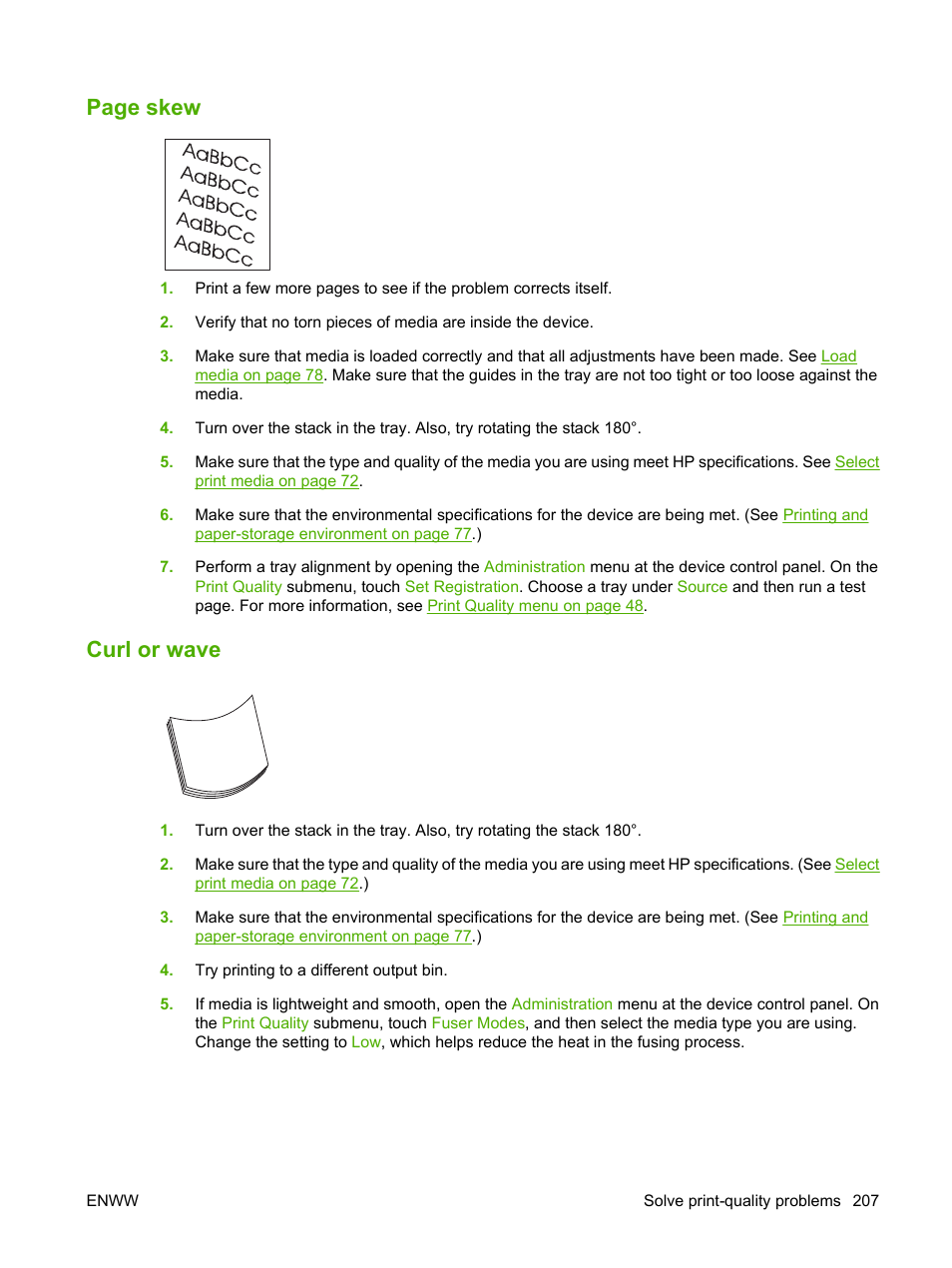 Curl or wave, Page skew | HP LaserJet M4349 Multifunction Printer series User Manual | Page 221 / 282