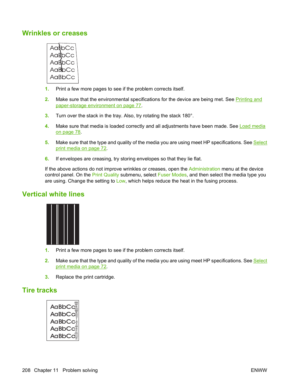 Wrinkles or creases, Vertical white lines, Tire tracks | Wrinkles or | HP LaserJet M4349 Multifunction Printer series User Manual | Page 222 / 282