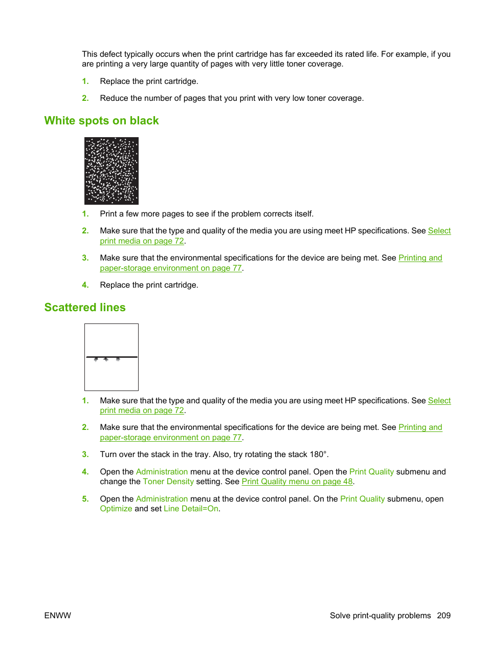 White spots on black, Scattered lines, White spots on black scattered lines | White spots on | HP LaserJet M4349 Multifunction Printer series User Manual | Page 223 / 282