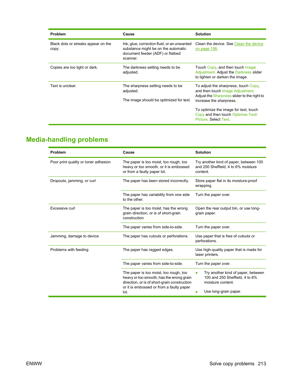 Media-handling problems, Enww solve copy problems 213 | HP LaserJet M4349 Multifunction Printer series User Manual | Page 227 / 282