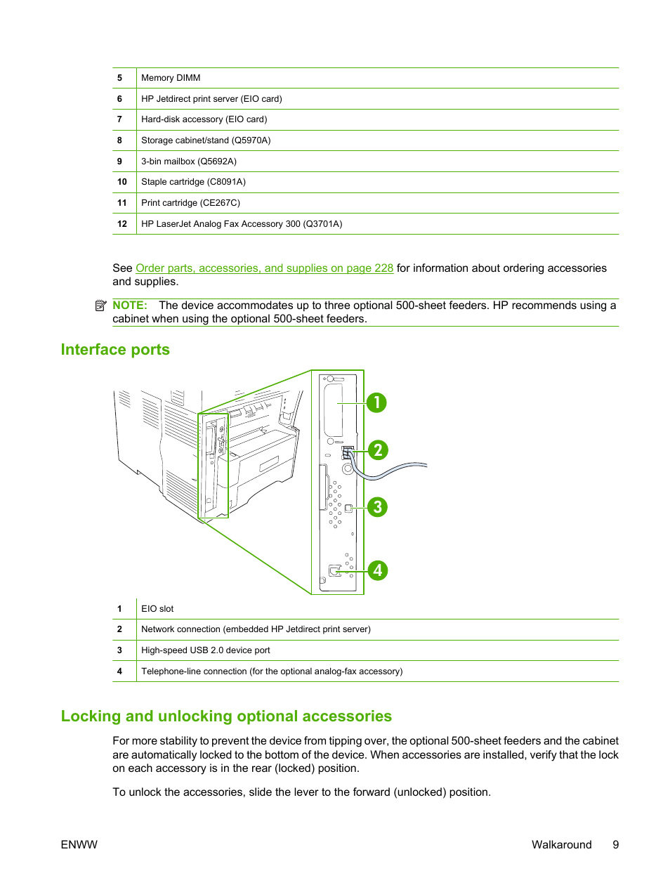 Interface ports, Locking and unlocking optional accessories, Interface ports 1 2 3 4 | HP LaserJet M4349 Multifunction Printer series User Manual | Page 23 / 282