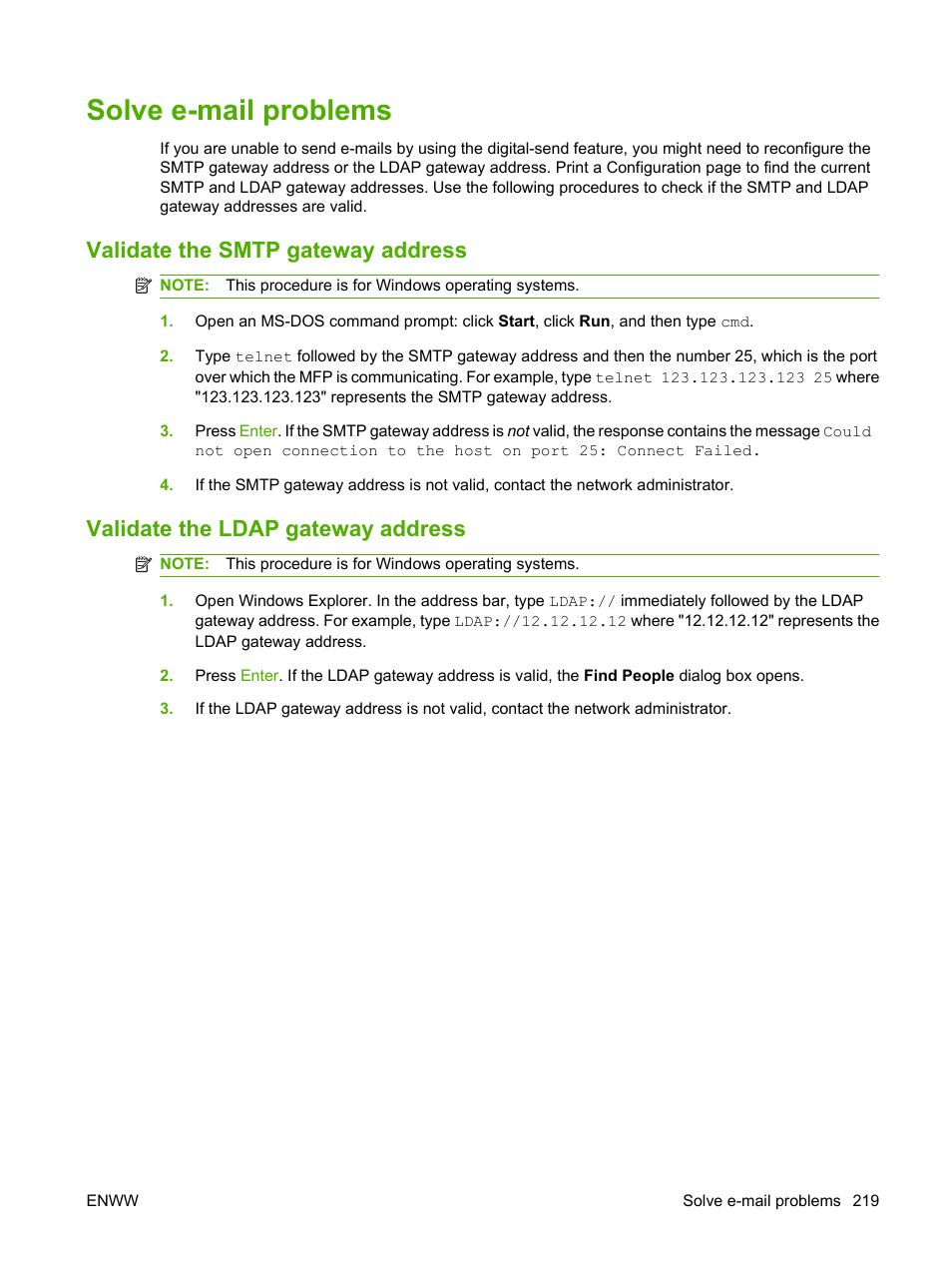 Solve e-mail problems, Validate the smtp gateway address, Validate the ldap gateway address | Solve e, Solve | HP LaserJet M4349 Multifunction Printer series User Manual | Page 233 / 282